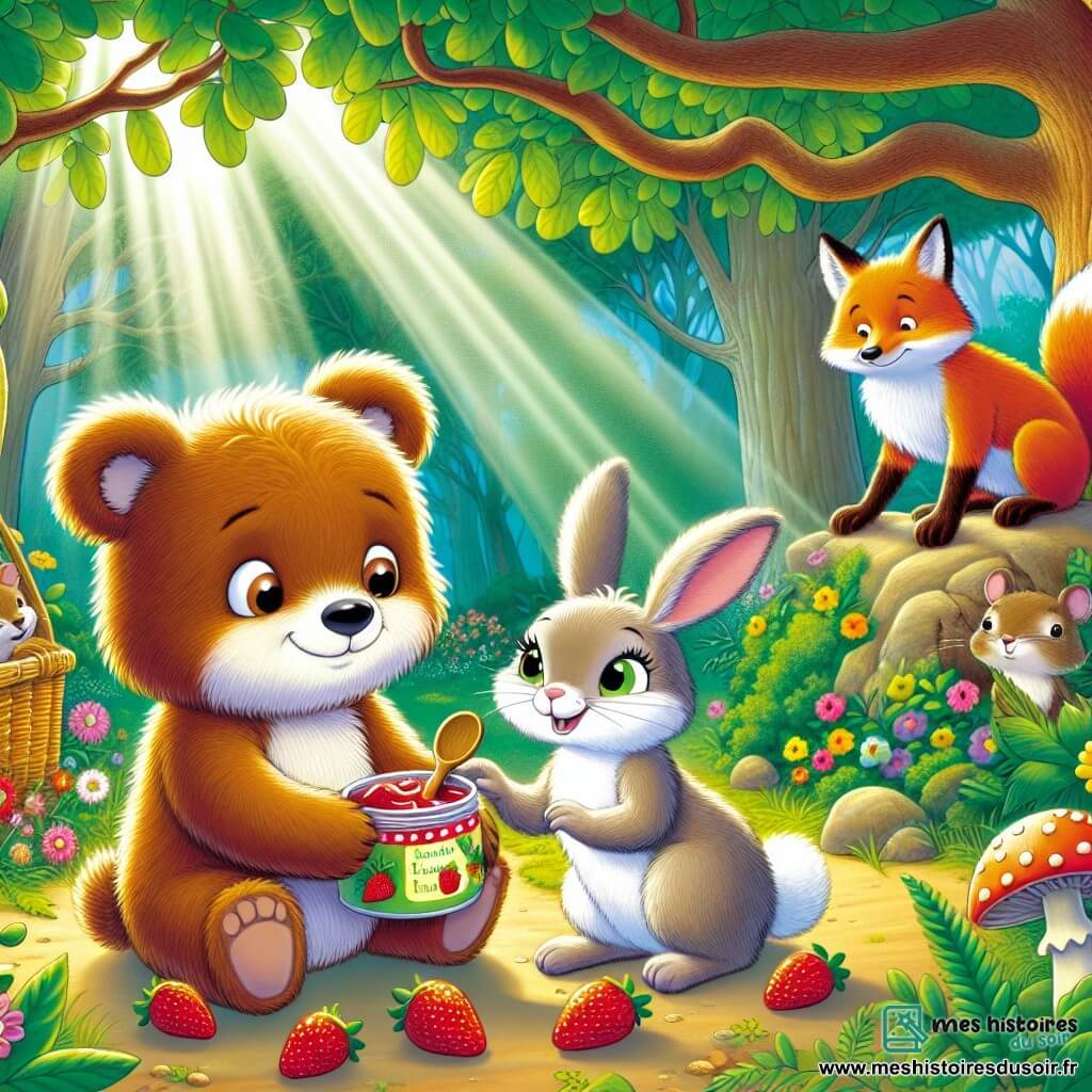 Dans une forêt enchantée, un petit ours brun nommé Oscar, avec un pelage doux et des yeux curieux, se tient devant une table en bois, un peu gêné, tenant un pot de confiture de fraises. À ses côtés, Madame Lapin, une lapine aux grandes oreilles et au pelage blanc, lui sourit en lui tendant une cuillère en bois. En arrière-plan, Léo le renard, au pelage roux, observe la scène avec un sourire complice, tandis que Mia la souris, petite et grise, est émerveillée. La scène se déroule sous un grand chêne, avec des rayons de soleil illuminant le sol couvert de fleurs et de fraises. Oscar, réalisant l'importance de la vérité, partage la confiture avec ses amis, créant un moment chaleureux et joyeux.