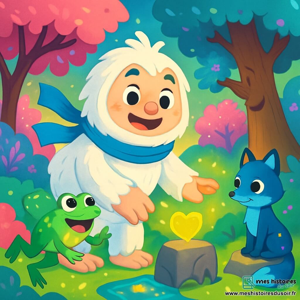 Un yéti au pelage blanc et doux, avec de grands yeux ronds et un sourire chaleureux, se tient au centre de la scène, joyeux et déterminé, une écharpe bleue flottant au vent. À côté de lui, une grenouille géante verte avec des taches dorées saute avec enthousiasme, ses grands yeux pétillants de malice. Un renard bleu à la queue étoilée observe avec curiosité, assis sur une pierre. La scène se déroule dans une forêt enchantée aux arbres aux feuilles roses et bleues scintillantes. Des lucioles dansent autour d'une rivière brillante, illuminant l'eau d'une lumière dorée. Le yéti tend la main vers un cœur doré entre deux pierres anciennes, tandis qu'un vieux pin à côté de lui semble sourire, ses branches ornées de fleurs violettes. L'atmosphère est magique et pleine de couleurs vives, évoquant joie et aventure.