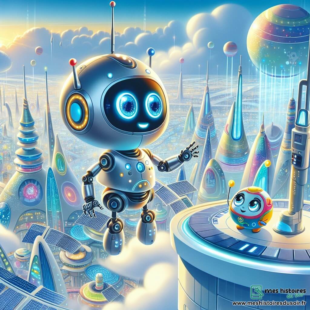 Au sommet de la Tour Lumineuse, Zik, un petit robot métallique aux yeux bleus brillants, admire la vue de la ville futuriste en contrebas, son excitation trahie par son antenne frémissante et ses pattes légèrement écartées. À ses côtés, Boubou, un robot de nettoyage rond et amical, observe avec inquiétude, prêt à intervenir avec son balai. Le sommet scintillant, entouré de nuages, est décoré de jardins suspendus, tandis qu'en bas, la ville de Teknolopolis s'étend avec ses bâtiments aux formes organiques et ses lumières. Zik, fasciné par la beauté de la ville, découvre un laboratoire mystérieux où une sphère lumineuse pulsante attire son attention, promettant aventures et découvertes.