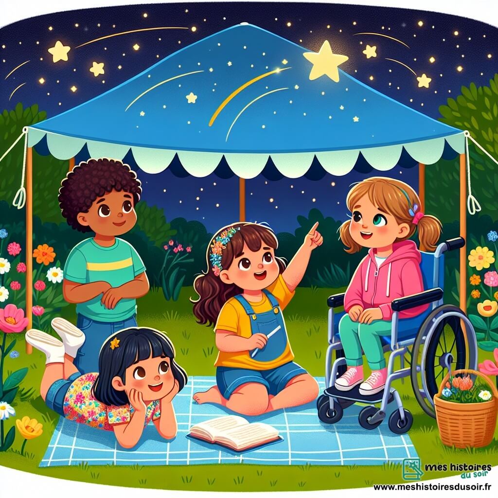 Dans un jardin paisible sous un ciel étoilé, quatre filles de neuf ans se tiennent sous une tente bleue. Mia, avec ses cheveux bruns et bouclés, est assise sur le sol en souriant. Léa, aux cheveux blonds, pointe une étoile filante allongée sur le dos. Zoé, avec ses cheveux châtains en queue de cheval, est dans son fauteuil roulant, tenant un livre d'histoires. Emma, aux cheveux noirs et frisés, est assise près de Zoé, les yeux levés vers le ciel. Le jardin est rempli de fleurs colorées, éclairé par la lune, tandis qu'une chouette hulule au loin. Ensemble, elles surmontent leur peur du noir en admirant les étoiles et en partageant des histoires, transformant l'obscurité en un moment magique.