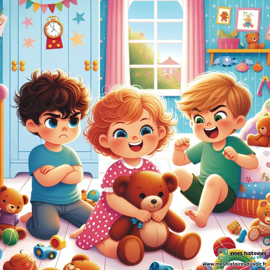Une petite fille de 2 ans, avec de grands yeux brillants et des cheveux bouclés, sourit en tenant un nounours en peluche. Elle porte une robe rose à pois blancs et semble très heureuse, riant avec ses frères. Max, un garçon de 6 ans avec des cheveux châtains et un t-shirt bleu, feint d'être en colère tout en souriant. Tom, un garçon de 4 ans avec des cheveux blonds et un short vert, tend la main vers le nounours en riant. La scène se déroule dans une chambre lumineuse remplie de jouets colorés, où les trois enfants jouent ensemble dans leur cabane secrète, partageant le nounours et riant de bon cœur.
