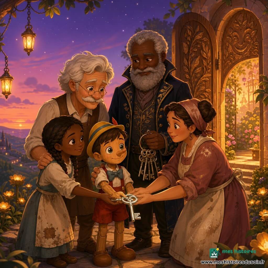 Pinocchio, petit garçon de bois aux yeux boutons, tient une clé d'argent qu'il présente en avant; Geppetto, vieil homme au visage ridé, pose une main rassurante sur son épaule; le gardien, grand barbu, tient d'autres clés près d'une grande porte sculptée; une fillette de neuf ans aux cheveux tressés et une boulangère au tablier fariné joignent leurs mains autour de la clé; le groupe forme un cercle au sommet d'une colline au crépuscule devant la porte ouverte sur un jardin éclairé, sentier pavé bordé de fleurs lumineuses et lanternes sous un ciel mauve, scène baignée d'une lumière chaude et d'expressions d'espoir et de confiance.