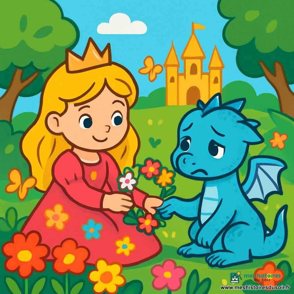 La princesse Élodie, une jeune fille aux cheveux blonds et aux yeux curieux, est assise dans un jardin luxuriant. Elle porte une robe de velours rose ornée de fleurs et tient la patte de son ami, un petit dragon bleu nommé Nuage, qui a des écailles scintillantes et des ailes argentées. Nuage, bien que triste, se sent réconforté à ses côtés. Le jardin est rempli de fleurs éclatantes, de papillons et de grands arbres. Au loin, un château doré brille sous le soleil. Élodie et Nuage tissent une couronne de fleurs ensemble, symbolisant leur amitié retrouvée.