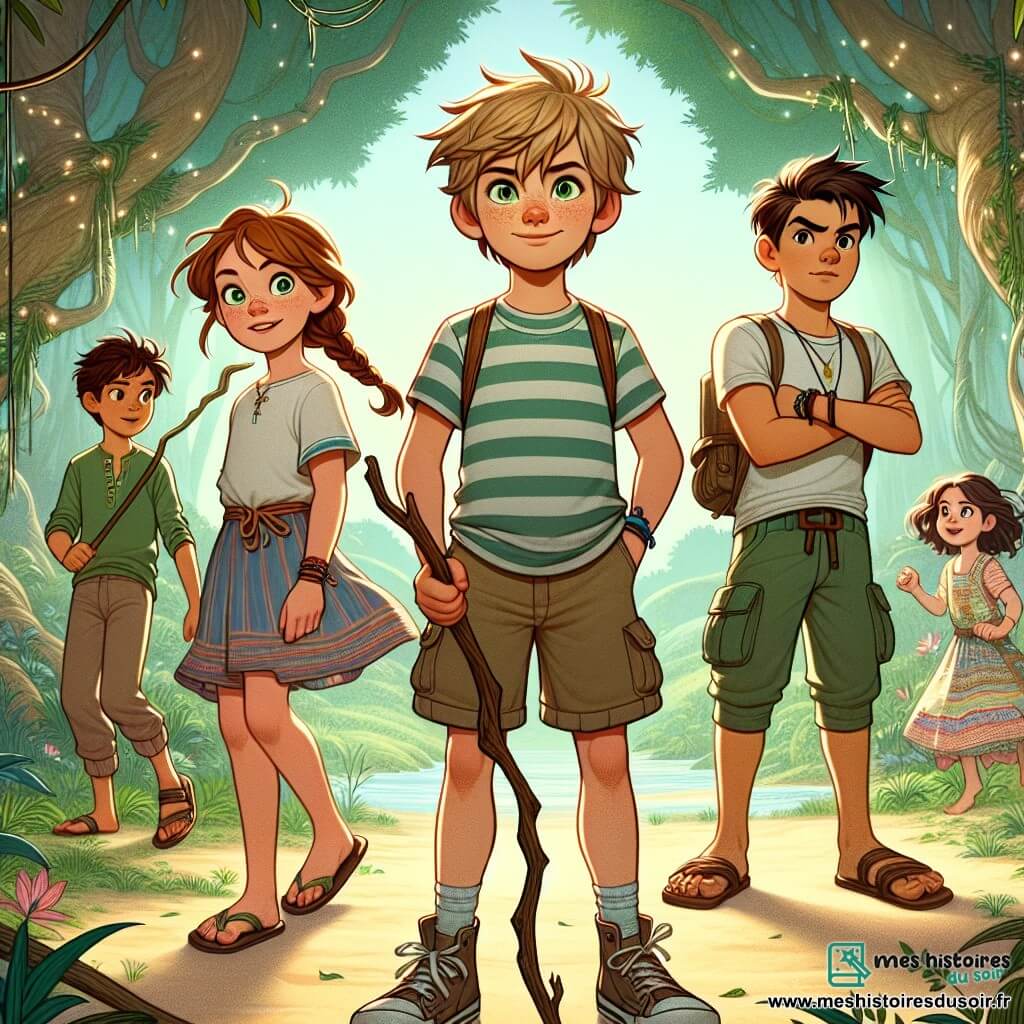 Au centre de l'image, Lucas, un garçon de 11 ans aux cheveux blonds en désordre et aux yeux curieux, affiche une expression courageuse et nerveuse. Il porte un t-shirt rayé et un short, tenant une branche comme un bâton. À sa droite, Camille, 10 ans, avec des cheveux bruns tressés, sourit avec détermination en observant un loup, tandis qu'à gauche, Tom, 12 ans, au regard protecteur et aux muscles bien dessinés, croise les bras, prêt à défendre ses amis. Le décor se situe dans une clairière enchantée, entourée d'arbres majestueux et de fleurs colorées, illuminée par des rayons de soleil. Au premier plan, les enfants font face à un grand loup au pelage gris, devant une vieille maison en bois. Bien que craintifs, ils montrent une lueur d'espoir, prêts à découvrir la vérité derrière la légende.