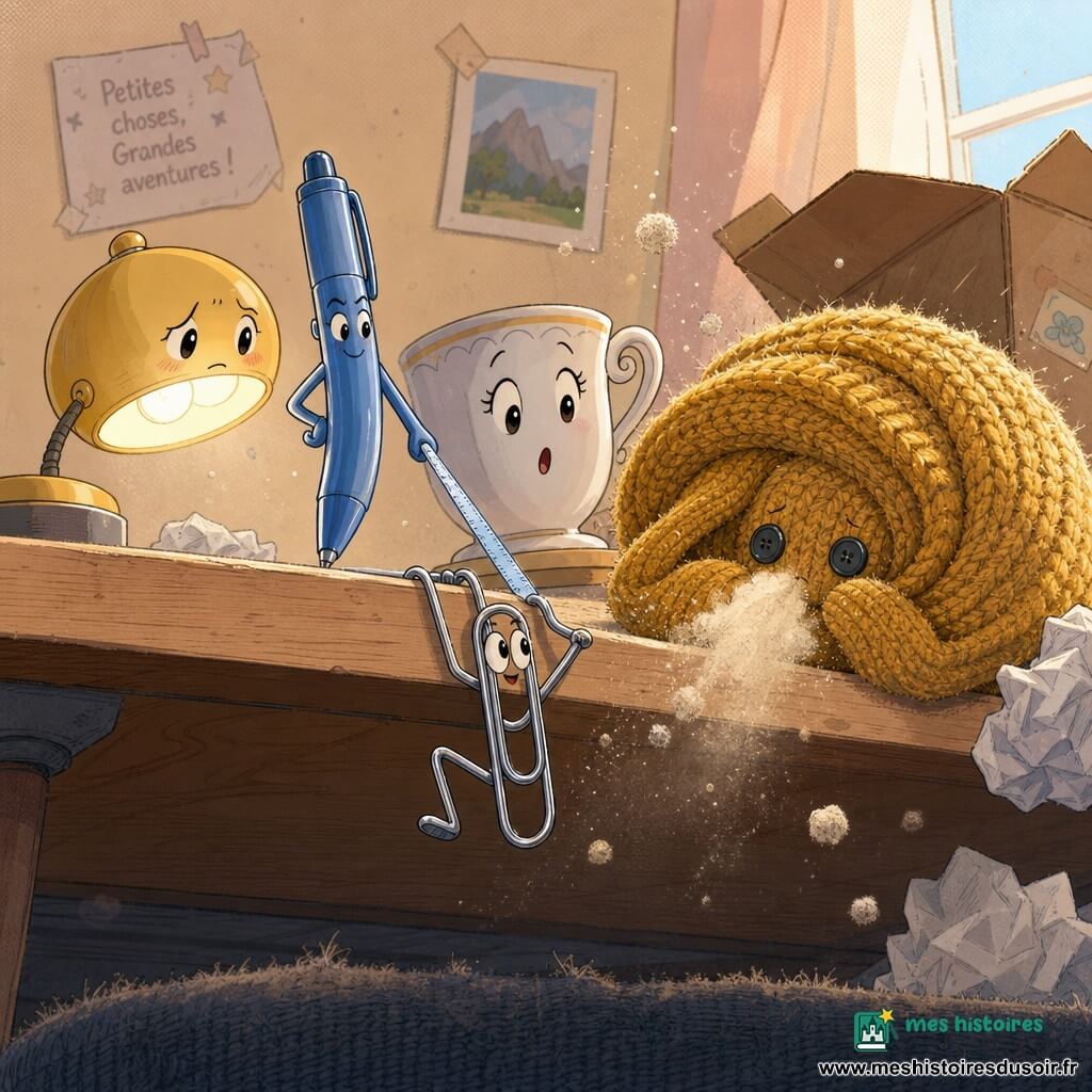 Un stylo bleu fin en plastique à capuchon, yeux dessinés et expression déterminée et bienveillante, penché en avant comme pour mener une expédition ; à côté, un trombone métallique brillant, tordu en pose héroïque et comique, accroché au bord du bureau ; une petite lampe de chevet ronde et jaune cligne doucement, éclairage chaud et expression inquiète-curieuse ; une tasse en porcelaine blanche à anse délicate, élégante et surprise, posée au soleil ; au centre, un vieux pull en laine moutarde roulé en boule avec deux boutons noirs en guise d'yeux, timide et honteux, éternuant un nuage de poussière fine ; décor : bureau en bois clair vu en contre-plongée, bord du bureau visible, tapis sombre dessous, règle en plastique faisant office de corde, feuilles froissées et boîte en carton ouverte ; scène : la petite équipe d'objets encercle le pull sous le bord du bureau, lumière chaude, poussière tourbillonnante, attitudes de soutien et de surprise, ambiance cocasse et rassurante ; style graphique : couleurs pastel, contours doux, textures toile et laine visibles, expressions lisibles, composition centrée sur la rencontre amicale.