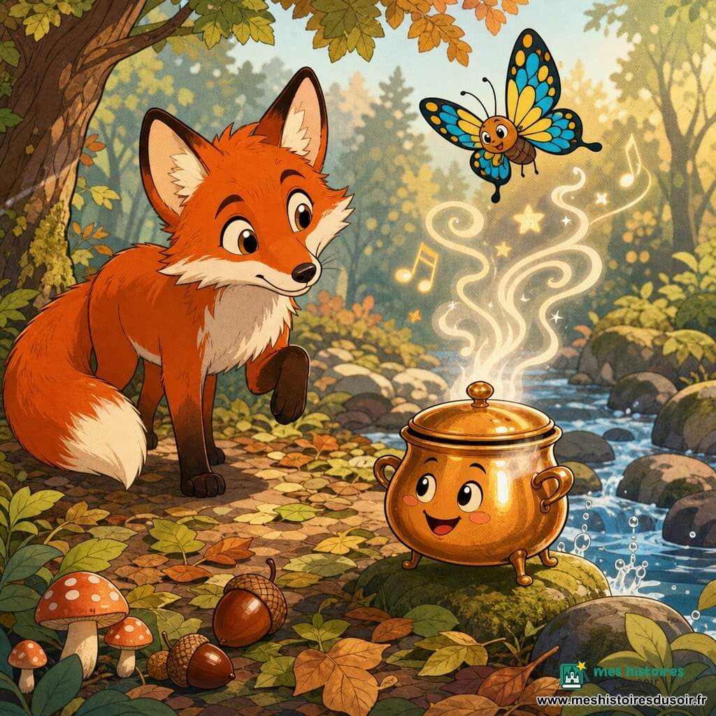 Rouxine, petit renard roux vif aux oreilles dressées et à la queue touffue, penche la tête, patte levée, et écoute fasciné sur un sentier de feuilles humides la petite marmite anthropomorphe en cuivre brillant, à trois petits pieds et couvercle frémissant, qui chuchote des vapeurs en formes de notes et d’étoiles; un papillon bleu et jaune, étonné, vole au-dessus, tandis qu’un ruisseau clair serpente entre pierres moussues, feuilles et quelques champignons, le tout baigné d’une lumière matinale douce, ambiance loufoque et chaleureuse aux traits arrondis.