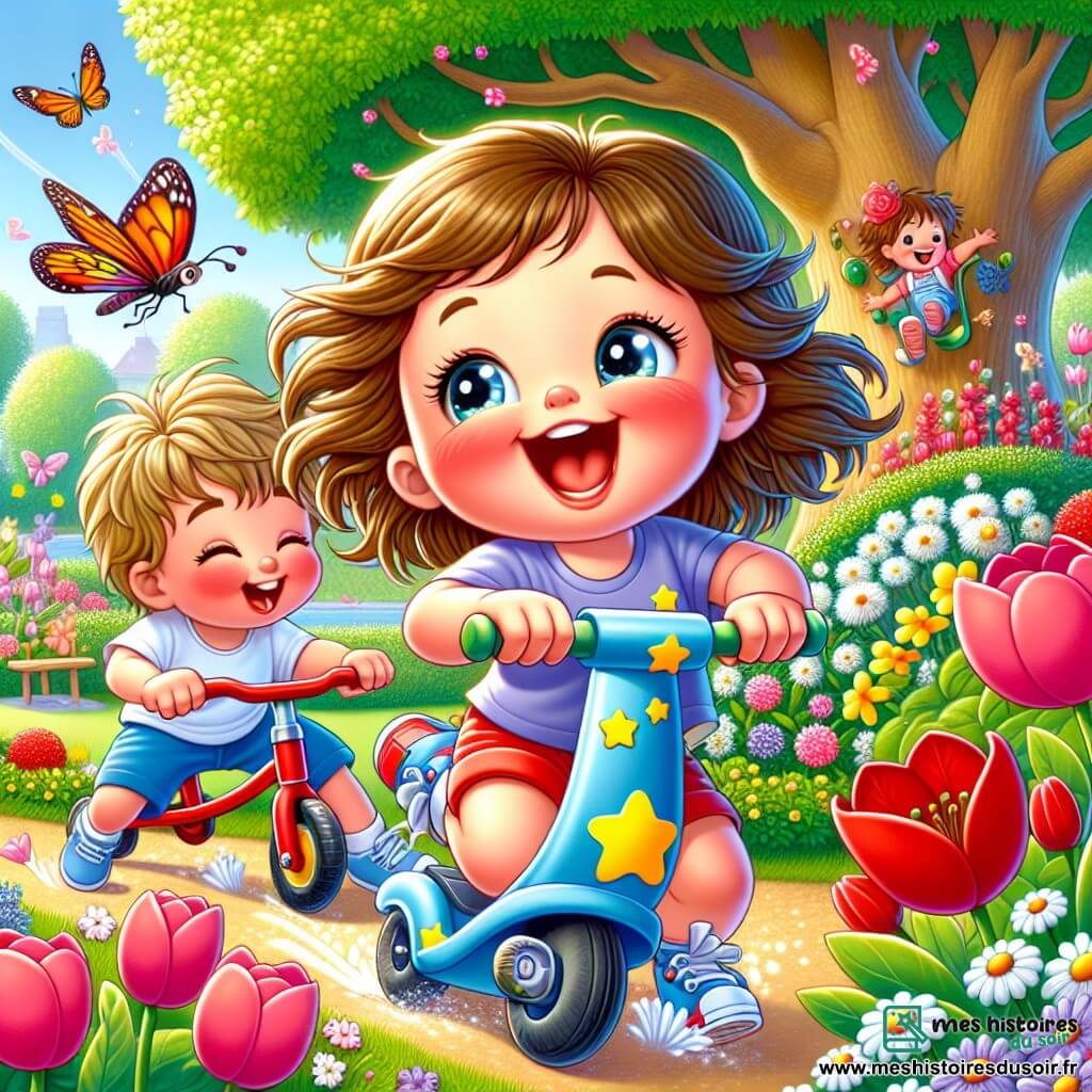 Lola, une petite fille de 4 ans aux longs cheveux bruns et aux yeux pétillants, s'amuse sur sa trottinette bleue décorée d'étoiles jaunes, riant aux éclats. À ses côtés, son petit frère Tom, 2 ans, avec des cheveux blonds en bataille, pédale sur son tricycle rouge, émerveillé par un papillon coloré. Le jardin est rempli de fleurs éclatantes et un grand chêne majestueux offre de l'ombre. Lola et Tom courent joyeusement, riant ensemble en suivant le papillon, créant une atmosphère de bonheur et de complicité.