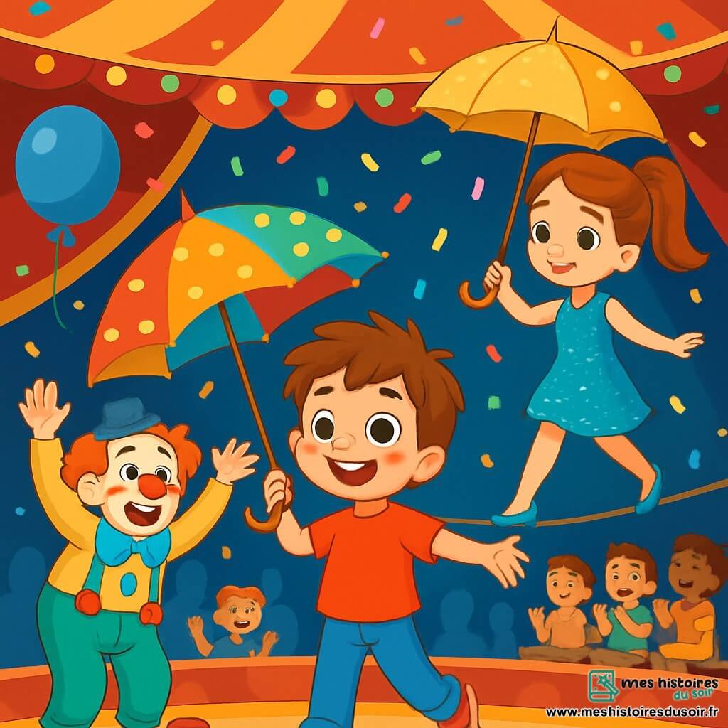 Un garçon de 6 ans, Arthur, avec de grands yeux ronds et brillants, un sourire éclatant et des cheveux châtains en bataille, se tient au centre de la scène, tenant un parapluie coloré décoré de gommettes dorées. Il a l'air émerveillé et joyeux, prêt à vivre une aventure magique. À côté de lui, Zoé, la funambule d'environ 10 ans, porte une robe scintillante bleue et avance avec grâce sur un fil, tenant un parapluie doré, tout en souriant à Arthur. Léo, le clown jovial d’environ 30 ans, se tient à l'arrière, riant et faisant des grimaces. La scène se déroule sous un grand chapiteau de cirque aux couleurs vives, rempli de lumières et de ballons flottants, avec des spectateurs applaudissant autour. Arthur et Zoé font tourner le parapluie coloré ensemble, tandis que des confettis tombent, créant une atmosphère festive.