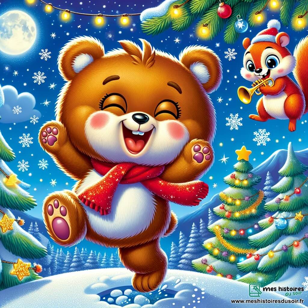 Un ours en peluche nommé Barnabé, au pelage doux et brun, saute joyeusement dans la neige avec un foulard rouge autour du cou. À ses côtés, un écureuil nommé Émile, avec un pelage roux et un chapeau pointu, joue de la trompette dorée. Ils se trouvent dans un décor de montagne enneigée, avec des sapins ornés de guirlandes lumineuses sous un ciel étoilé. Barnabé et Émile célèbrent le Nouvel An avec d'autres animaux, dansant et riant ensemble, entourés de lumières scintillantes.