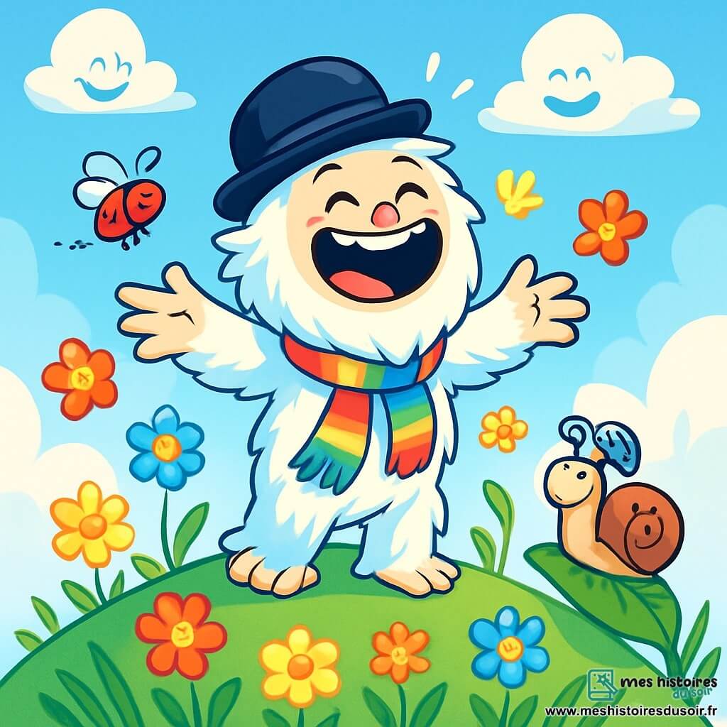 Un Yéti joyeux, au pelage blanc et poilu, avec un grand sourire et des yeux pétillants, se tient au sommet d'une colline verdoyante. Il porte une écharpe arc-en-ciel et un chapeau melon, riant aux éclats, entouré de fleurs colorées. À ses côtés, une coccinelle rouge et un escargot avec un casque de vélo l'écoutent avec admiration. La colline est ensoleillée, couverte de fleurs éclatantes, avec des nuages amusants dans un ciel bleu clair. Le Yéti raconte une blague aux fleurs, provoquant des rires autour de lui.