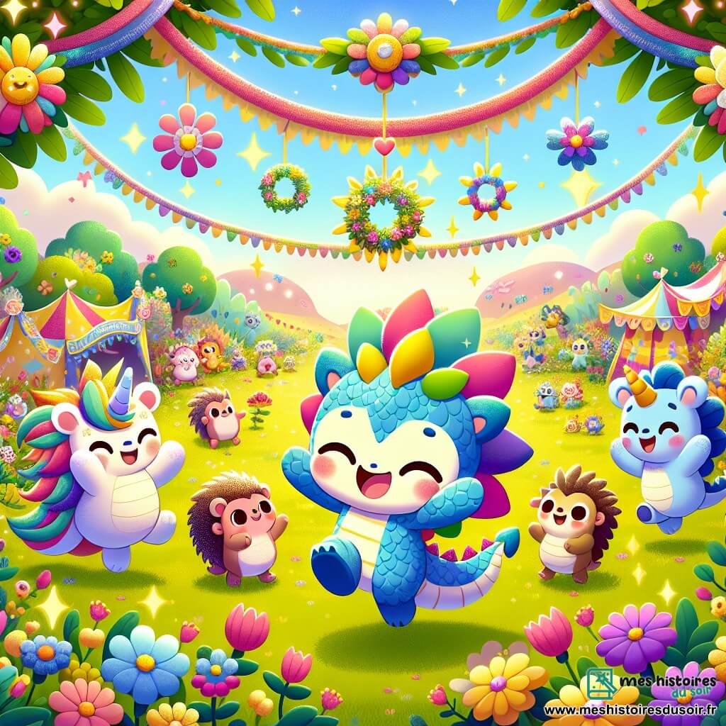 Un petit dragon nommé Flamme, avec des écailles brillantes et une queue en forme de cœur, danse joyeusement lors d'un festival. À sa droite, une licorne nommée Nuage applaudit avec enthousiasme, tandis qu'à sa gauche, un hérisson nommé PicPic saute de joie. Un oiseau chanteur, Mélodie, vole au-dessus d'eux en chantant. La scène se déroule dans une vallée colorée, pleine de fleurs et d'arbres scintillants, où des gobelins participent également aux festivités. L'image illustre la célébration de la diversité et de l'amitié dans une atmosphère joyeuse et inclusive.