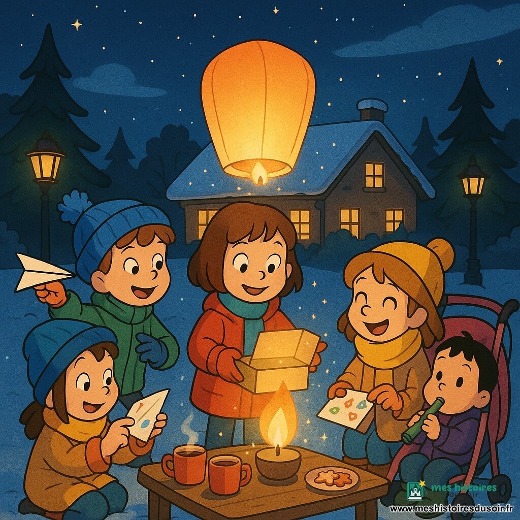 Quatre enfants réunis en cercle autour d'une lanterne en papier allumée dans un jardin enneigé devant une maison décorée de guirlandes dorées : Léa, ~8 ans, cheveux châtain courts, manteau rouge, tient une boîte pailletée ouverte et sourit en regardant la lanterne ; Tom, ~8 ans, bonnet bleu à pompon et manteau vert, tient un avion de papier prêt à être lancé ; Mia, ~7 ans, grande écharpe jaune et manteau beige, colle des autocollants sur une lettre en souriant ; Hugo, ~3 ans, petit, cheveux noirs, est dans une poussette rose à l'arrière droite, regardant les étoiles avec une petite flûte verte. Ils déposent lettres et avions dans la boîte puis lèvent la lanterne vers le ciel ; la flamme douce éclaire leurs visages, la neige scintille au sol et des étincelles lumineuses créent une ambiance chaleureuse et magique de réveillon du Nouvel An.
