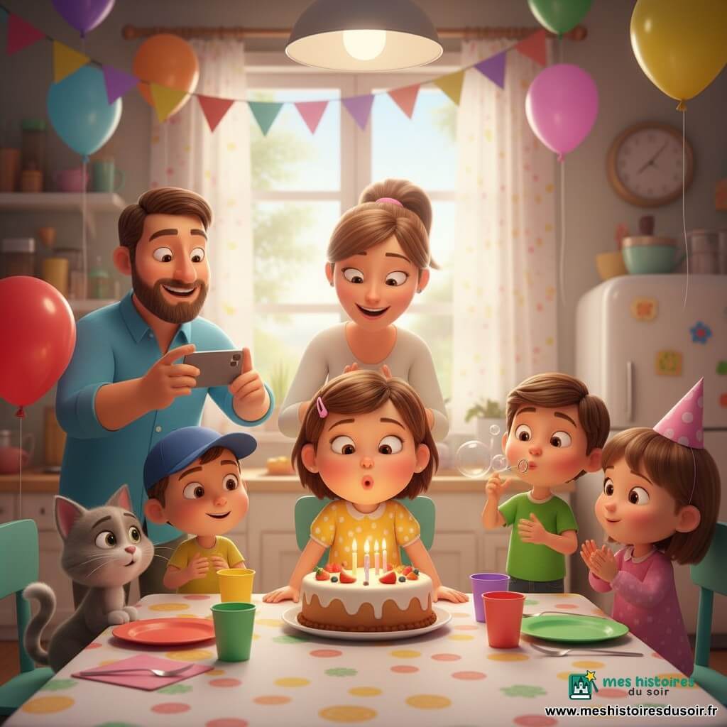 Fête d'anniversaire intimiste dans une cuisine-salle à manger lumineuse : une fillette de 2 ans, cheveux châtains courts avec barrette rose, souffle les bougies d'un gâteau rond à trois flammes, robe jaune à pois blancs, entourée de ses parents — maman souriante derrière elle, papa barbu en chemise bleue qui filme — et de trois petits amis (fille 3 ans avec chapeau de papier rose qui applaudit, garçon 4 ans en T‑shirt vert qui souffle des bulles, garçon 3 ans en casquette bleue tenant un ballon rouge) ; le chat gris Moustache est assis sur une chaise voisine. Décor chaleureux et coloré : guirlandes, ballons, nappe à motifs, vaisselle plastique, lumière douce du matin, ambiance émerveillée et festive, cadrage rapproché sur la table et le gâteau, style 3D film d'animation aux textures lisses, ombres douces et formes rondes adaptées aux tout-petits.