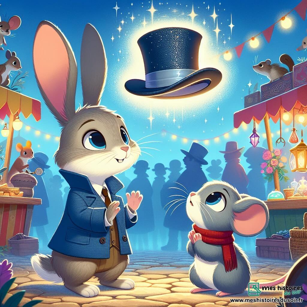 Un petit lapin détective nommé Benjamin, avec de grandes oreilles et un manteau bleu, se tient au centre, émerveillé par un chapeau haut de forme scintillant qui flotte. À sa droite, une petite souris nommée Lucie, avec un pelage gris et une écharpe rouge, regarde le chapeau avec curiosité, les pattes levées. En arrière-plan, le marché des créatures magiques est animé, avec des étals colorés d'objets étranges, de potions lumineuses et de fleurs éclatantes, sous un ciel bleu parsemé de nuages. Des créatures fantastiques, comme des écureuils et des hiboux, ajoutent de la magie à l'atmosphère. Benjamin et Lucie, émerveillés, font face au chapeau magique qui brille, tandis qu'une douce mélodie annonce une aventure extraordinaire.