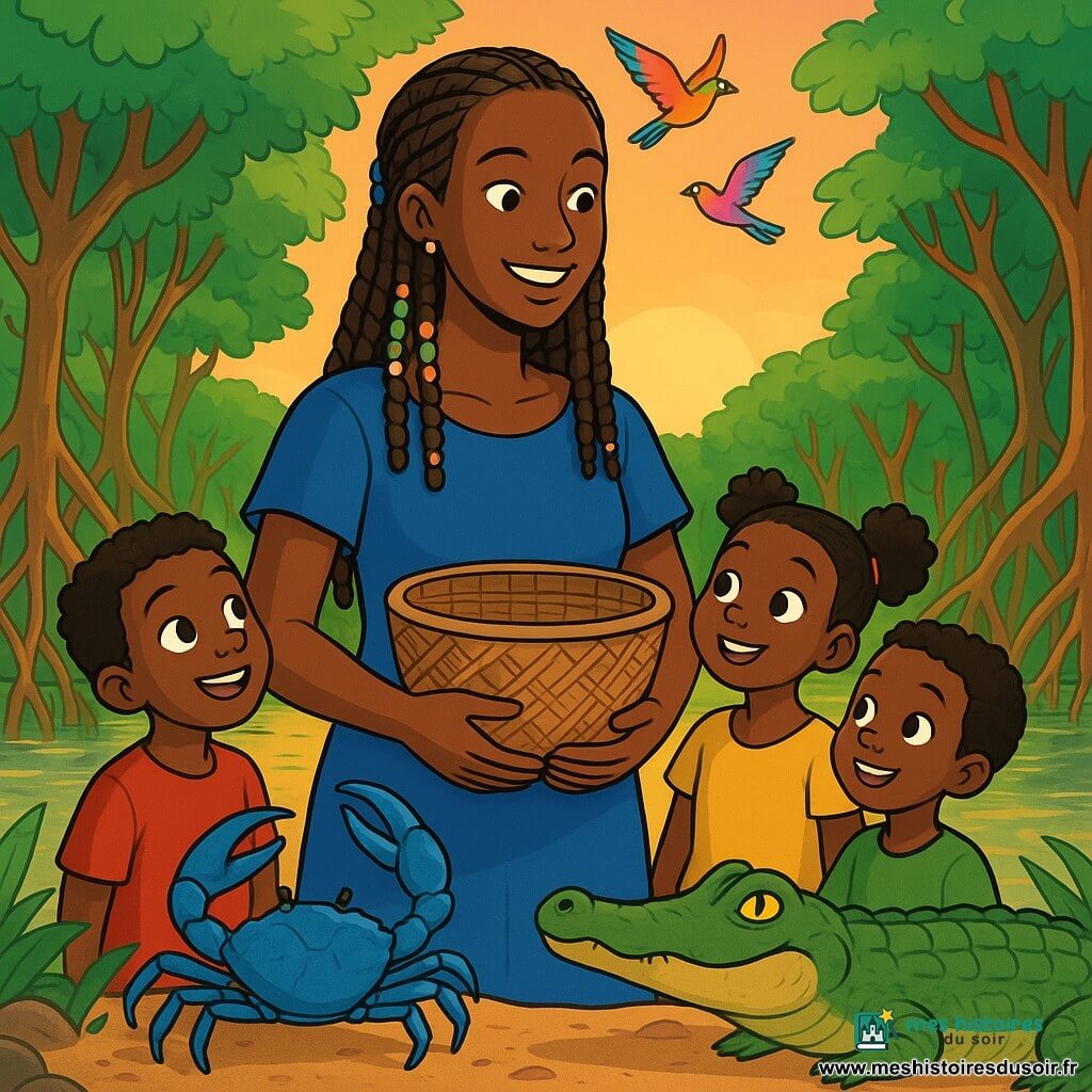 Maïmouna, une femme grande et élancée aux cheveux tressés ornés de perles colorées, sourit avec bienveillance. Son visage exprime détermination et douceur, tandis qu'elle tient un panier réparé dans ses bras, entourée d’enfants curieux. Un vieux crabe bleu se tient à ses pieds, observant la scène, et un crocodile nage lentement à proximité, prêt à écouter l'histoire de Maïmouna. Le décor est une mangrove luxuriante avec des palétuviers, des feuilles éclatantes et des reflets dorés dans l'eau. Des oiseaux colorés volent au-dessus, ajoutant de la vie à ce paysage enchanteur. La scène montre Maïmouna racontant son voyage aux villageois autour d'un grand feu, partageant rires et histoires, tandis que le soleil se couche, colorant le ciel de teintes chaudes.