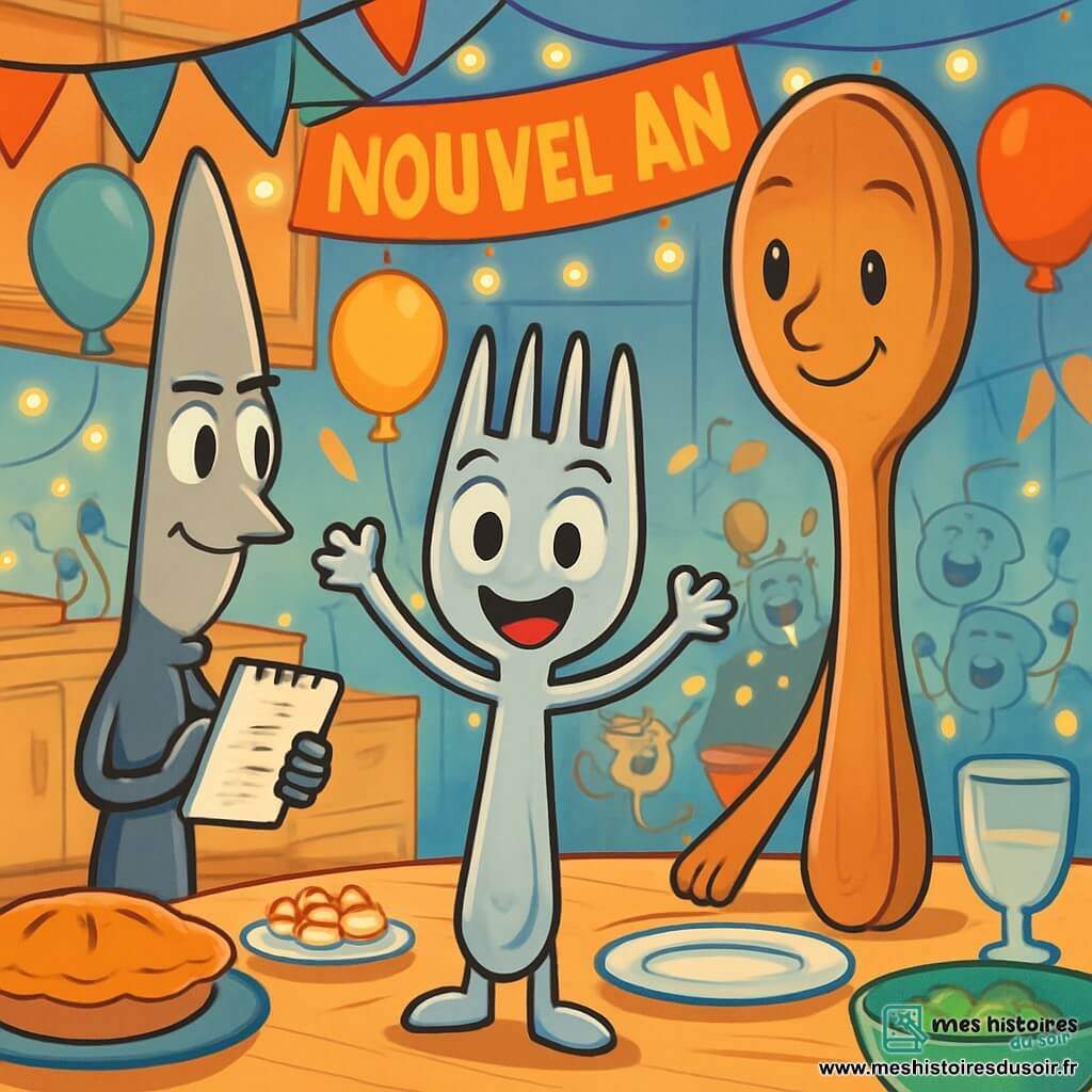 Au centre de l'image, Victor, une petite fourchette en inox, se tient sur un plan de travail de cuisine, souriant joyeusement. Il est entouré de guirlandes colorées et de plats appétissants, prêt à fêter le Nouvel An. À sa droite, Mathilde, une grande cuillère en bois, le regarde avec bienveillance, tandis qu'à gauche, Roger, un couteau en acier, observe la scène avec un carnet de notes. La cuisine est décorée de lumières scintillantes et de ballons, créant une ambiance festive. En arrière-plan, des voisins anthropomorphisés dansent et rient, ajoutant à l'atmosphère de fête. Victor dirige les préparatifs du réveillon, entouré d'amis prêts à célébrer ensemble dans la joie.