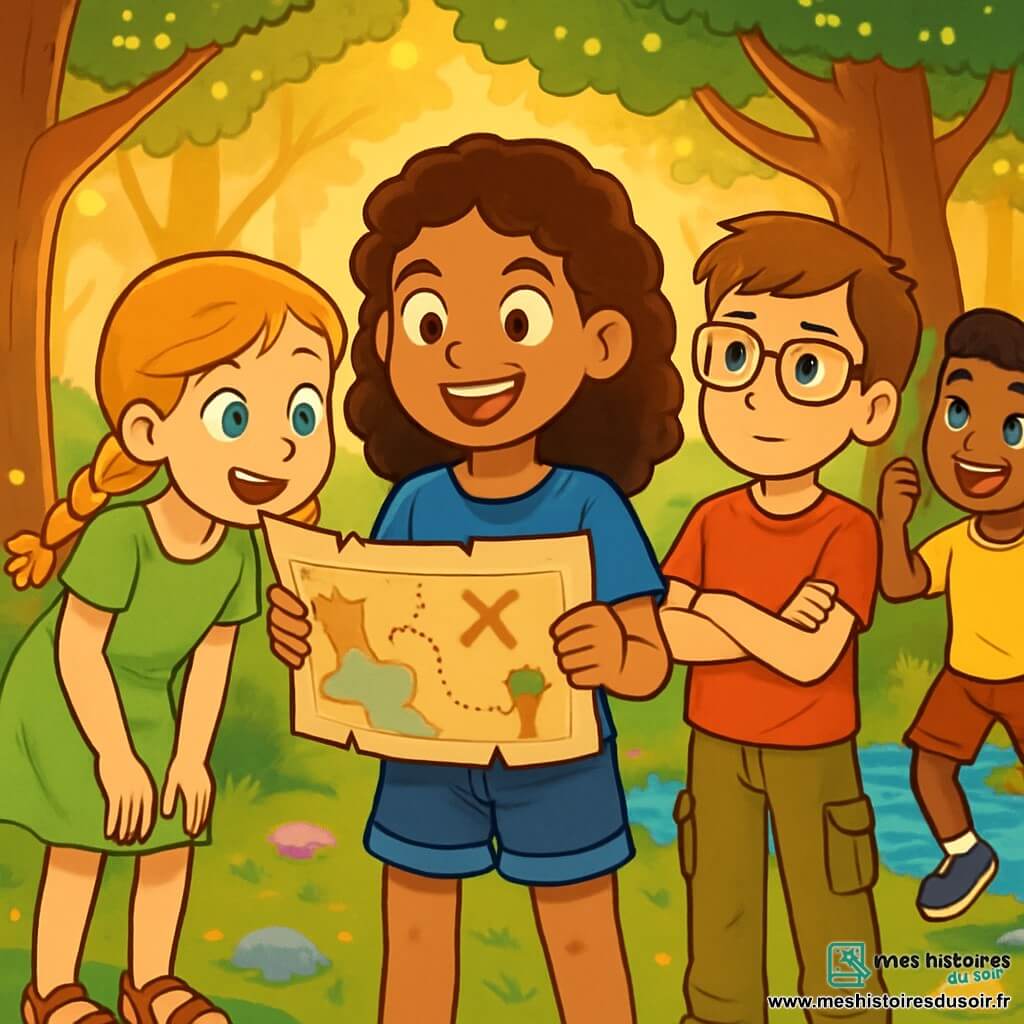 Quatre enfants se tiennent dans une forêt enchantée. Clara, 12 ans, cheveux bruns et bouclés, porte un t-shirt bleu et un short en jean, tenant une carte au trésor avec un sourire déterminé. Élise, également 12 ans, a des cheveux blonds tressés, vêtue d'une robe verte et de sandales, penche sur la carte avec excitation. Martin, 12 ans, cheveux châtains et lunettes, porte un t-shirt rouge et un pantalon cargo, observe la carte avec curiosité, les bras croisés. Samir, 12 ans, cheveux noirs et courts, en t-shirt jaune et short, sautille d'enthousiasme, prêt pour l'aventure. La forêt est baignée de lumière dorée, avec des arbres majestueux, des pierres brillantes et un ruisseau cristallin. Les enfants découvrent la carte au trésor, unis pour une aventure célébrant l'égalité et le travail d'équipe.