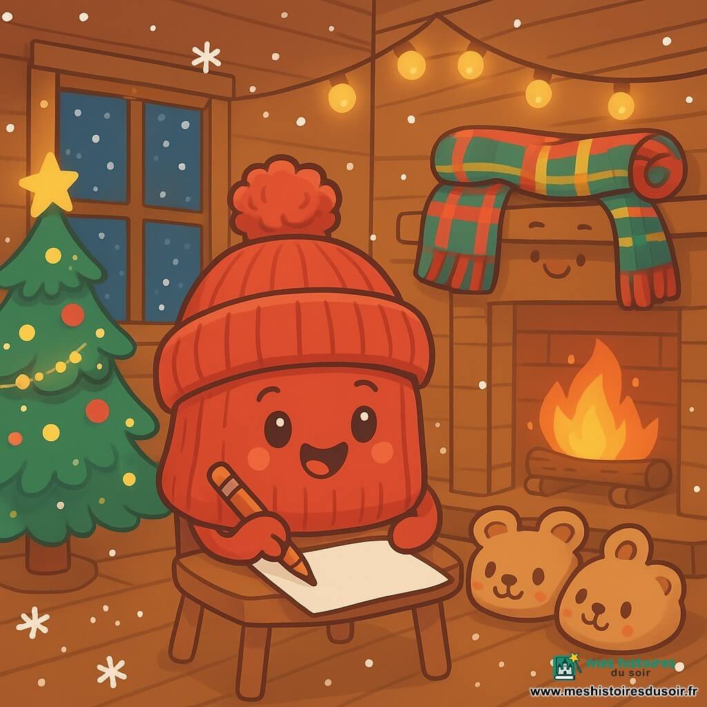 Un bonnet de laine rouge, nommé Constant, se tient joyeusement sur un portemanteau en bois, entouré de flocons de neige qui tombent doucement. À proximité, une paire de chaussons douillets avec un motif de petits ours l'observe, près d'un feu crépitant. Une écharpe à carreaux, enroulée sur une étagère, affiche des couleurs vives. La scène se déroule dans une charmante maison en bois décorée de guirlandes lumineuses et d’un sapin de Noël scintillant, avec des fenêtres embrumées par la chaleur. Constant écrit une lettre de vœux sur un morceau de papier, son cœur débordant d’espoir et de joie, tandis que la magie de Noël enveloppe la scène d’une douce lumière étoilée.