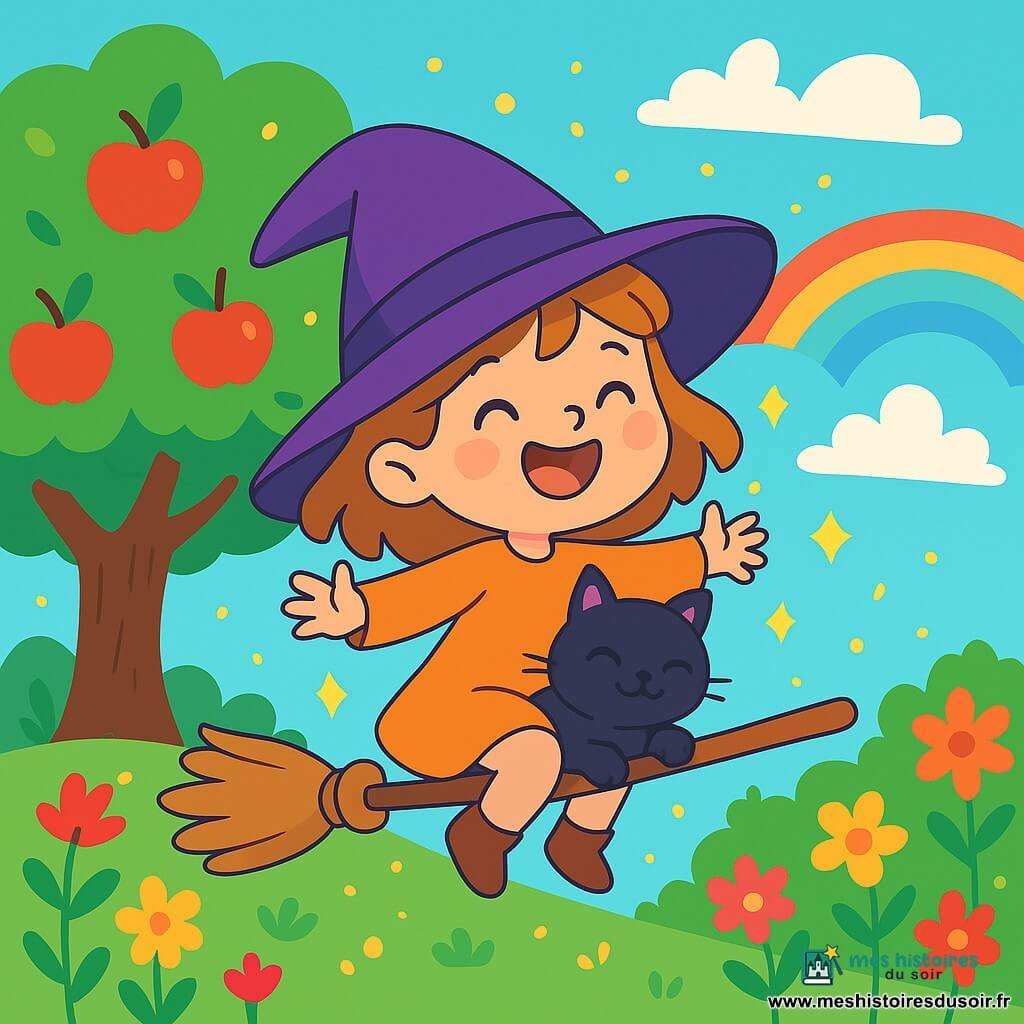 Une petite fille, Lila, une apprentie sorcière de quatre ans, porte un chapeau violet trop grand qui glisse sur ses yeux curieux. Elle est assise sur un balai magique, entourée de confettis dorés, riant aux éclats, les bras ouverts. À côté d'elle, un petit chat noir est blotti sur ses genoux, ronronnant de bonheur. Le jardin est rempli de fleurs colorées, avec un pommier en arrière-plan, ses branches chargées de pommes rouges. Le ciel est bleu, parsemé de nuages, et un arc-en-ciel scintille au loin. Lila et son chat s'envolent doucement, entourés de paillettes dorées, dans une atmosphère magique et joyeuse.