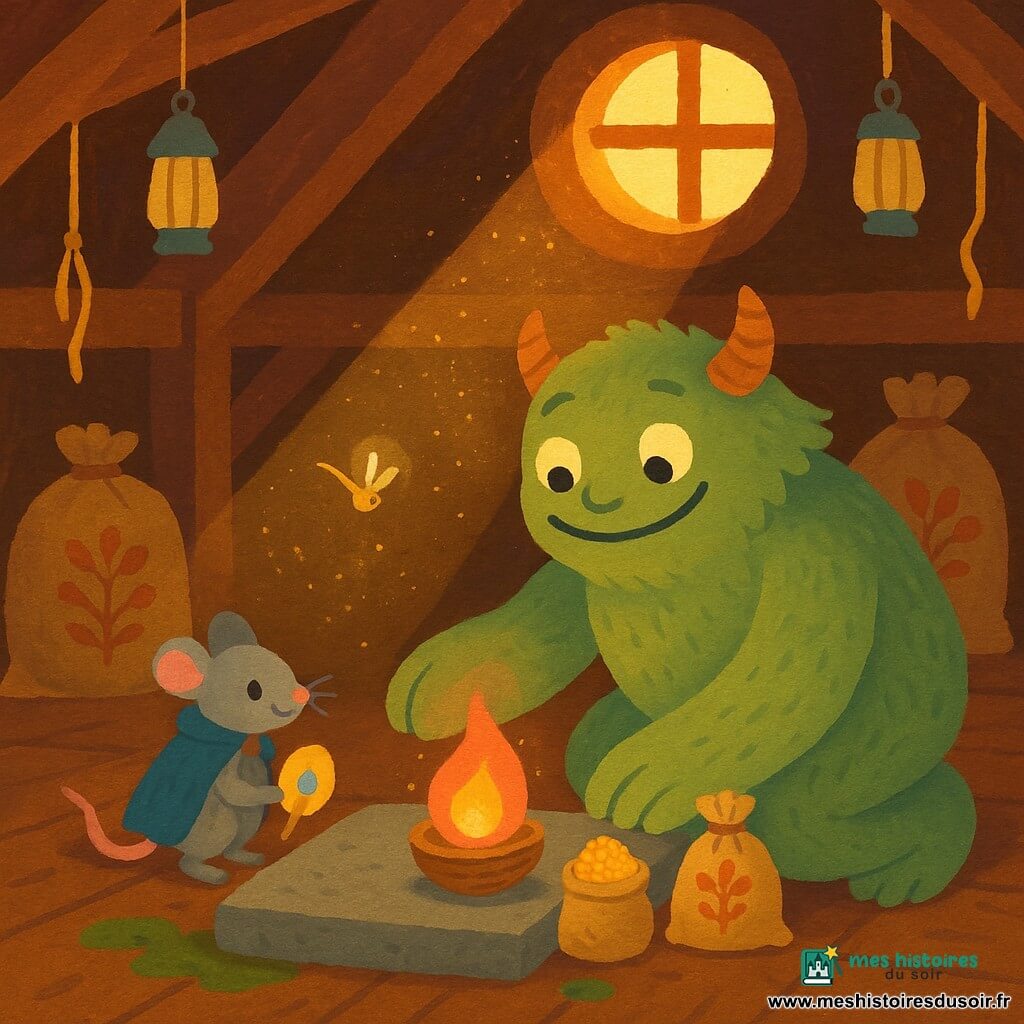 Mousse, un monstre timide et fier au grand sourire, peau vert tendre texturée, petites cornes caramel et poils duveteux aux coudes, s'agenouille sur une dalle de pierre pour poser délicatement une coquille de noix contenant une étincelle dorée; à sa gauche, Sifflote la souris au féminin, moustaches argentées et minuscule cape usée, tient un pétale avec une larme brillante en regardant la flamme naissante avec bonheur, tandis qu'une luciole trace un filet de lumière au-dessus; dans le grenier d'un moulin aux poutres brunes et à la lucarne baignée de soleil, lanternes en verre, rubans dorés et sacs de blé peints, la poussière danse en particules dorées pendant que Mousse offre trois trésors — l'étincelle, une poignée de grains lumineux dans un petit sac et la larme sur le pétale — et qu'une douce flamme rose-orange illumine leurs visages.