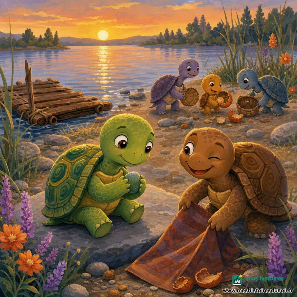 Une petite tortue verte nommée Pistache, carapace marbrée de verts et jaunes, yeux doux, assise sur une pierre au bord d’un lac en tenant un caillou porte-bonheur ; Fig, tortue ronde et brune au sourire malicieux, cligne de l’œil en tenant un coin d’un tapis plié ; trois petites tortues amies ramassent des paniers renversés et des coquilles de fruit en arrière-plan ; lieu au crépuscule avec herbes hautes, fleurs sauvages orange et mauve, pierres lisses, reflet doré du soleil couchant et petit radeau d’écorces amarré ; ambiance de fin de journée de vacances, calme et chaleureuse, lumière dorée, couleurs saturées, coups de pinceau visibles, style peinture acrylique enfantin à contours doux.