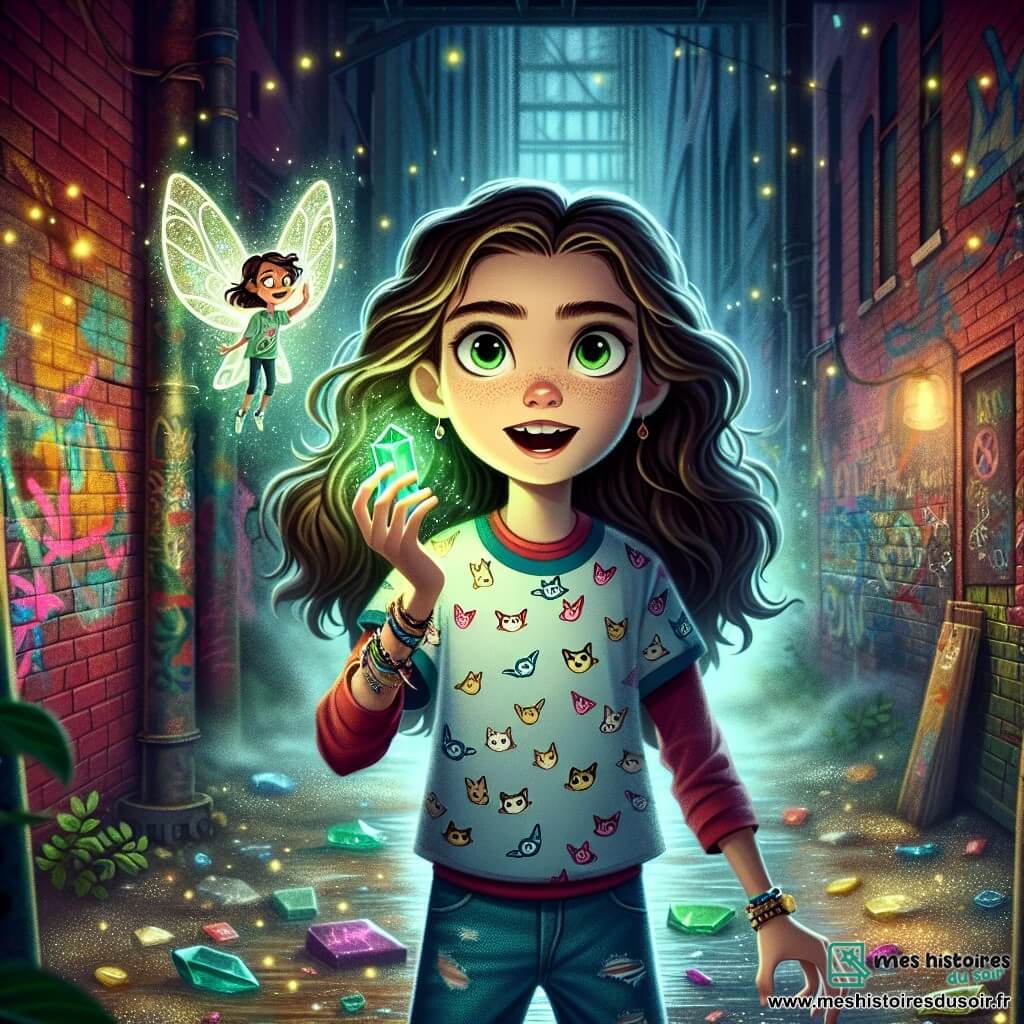 Au centre de l'image, une fille de 12 ans, Viviane, regarde avec détermination. Elle a de longs cheveux bruns, porte un t-shirt coloré avec un motif de chat et un jean déchiré. Ses yeux brillent d'excitation alors qu'elle tient un talisman d'émeraude. À ses côtés, Nixie, une petite créature féerique de la taille d'un chat, flotte avec des ailes translucides et des yeux dorés. Nixie sourit et émet une douce lueur magique. Le décor est une ruelle urbaine mystérieuse avec des murs en briques et des graffitis colorés, tandis qu'une légère brume crée une ambiance intrigante. Viviane et Nixie se préparent à affronter une ombre maléfique au bout de la ruelle, l'espoir brillant dans les yeux de Viviane.