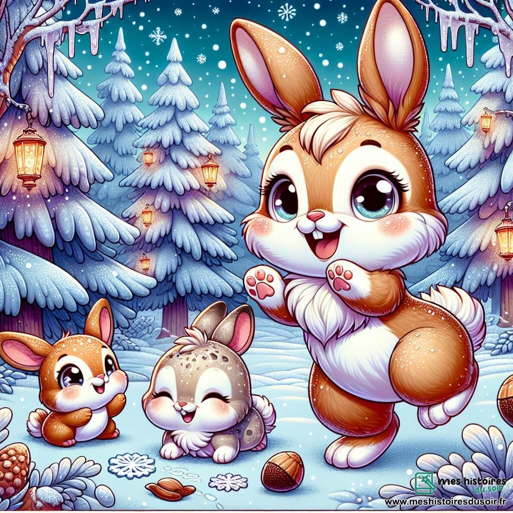 Un petit lapin nommé Biscotte, au pelage caramel, saute dans la neige, ses grandes oreilles et ses yeux pétillants de bonheur. À ses côtés, Châtaigne, une lapine tachetée, lance des boules de neige en riant, tandis que Pomme, un lapin gris clair, applaudit d'excitation. La scène se déroule dans une clairière enchantée, entourée d'arbres enneigés et de lanternes colorées, créant une ambiance festive. Biscotte et ses amis célèbrent la fête des flocons, partageant rires et jeux dans un décor hivernal magique.