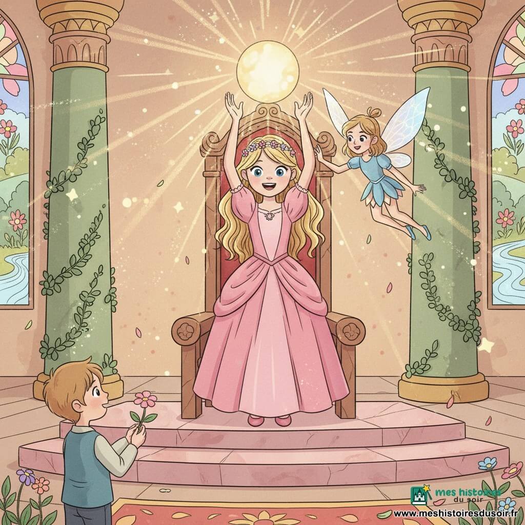 La princesse Léa, joyeuse et radieuse, cheveux blonds ondulés, robe rose satinée et petite couronne de fleurs, tient la Pierre de Lumière au-dessus du trône, bras tendus ; la fée Étoile, minuscule aux ailes translucides bleues et argentées, la touche à l’épaule en flottant à sa droite ; un petit prince villageois d’environ six ans, châtain clair, tient une fleur renaissante au premier plan gauche et regarde Léa ; le trône en bois sculpté et or repose sur une estrade de marbre rose tandis que la Pierre projette rayons dorés et particules scintillantes qui illuminent la grande salle du château aux vitraux colorés, tapis brodé, colonnes couvertes de lierre et fleurs retrouvant leurs couleurs — moment triomphant où la lumière revient au royaume, ambiance douce et magique aux tons pastel, style lignes douces et textures aquarelle.