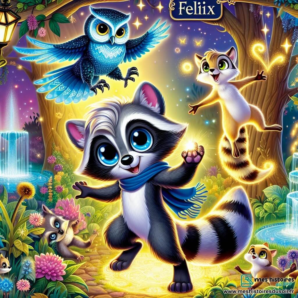 Un jeune raton laveur nommé Félix, avec un pelage gris et noir brillant, se tient au centre d'un jardin magique, levant une patte vers le ciel, entouré d'une lumière dorée. À sa gauche, un hibou nommé Orion, aux plumes bleu profond et aux yeux scintillants, le regarde avec fierté. À sa droite, une fouine espiègle nommée Luna, avec un pelage brun doré, bondit joyeusement. Le jardin est enchanteur, rempli de plantes colorées, de fleurs lumineuses et de lucioles, avec une fontaine de cristal chantant une douce mélodie. Félix, Orion et Luna se préparent à affronter un spectre maléfique, dans une atmosphère de magie et d'aventure.