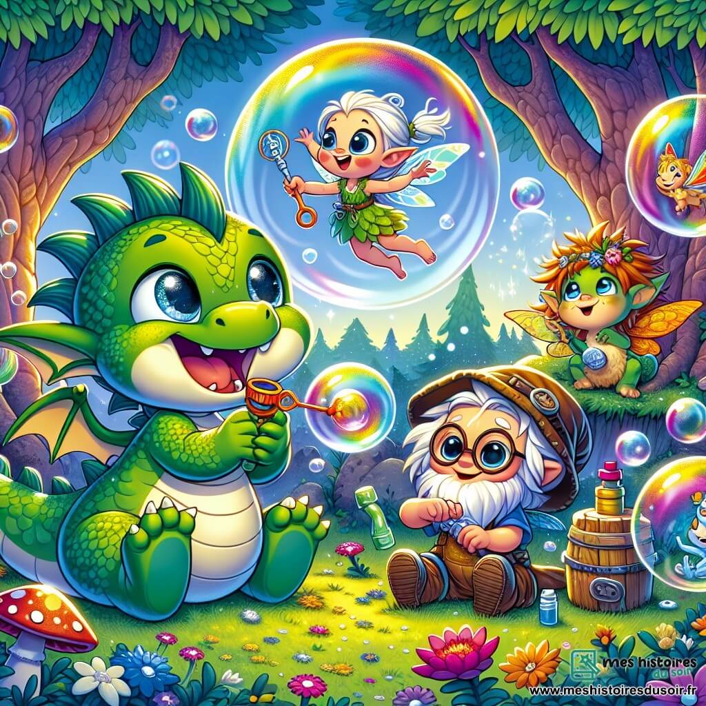 Un petit dragon nommé Gribouille, avec des écailles vertes et des yeux malicieux, souffle des bulles de savon géantes qui flottent autour de lui, rayonnant de joie. À ses côtés, Patachou, un lutin aux cheveux en bataille et portant un chapeau trop grand, rit en essayant d'attraper une bulle. Zéphyr, une fée aux ailes scintillantes et aux cheveux dorés, virevolte dans les airs, son sourire illuminant son visage. Boulon, un petit troll avec des lunettes rondes et un tablier plein d'outils, ajuste un gadget pour diriger sa bulle, concentré mais amusé. La scène se déroule dans une forêt enchantée, avec des arbres noueux, des fleurs colorées et un étang scintillant, où les amis s'amusent ensemble, riant et profitant de leur aventure joyeuse.
