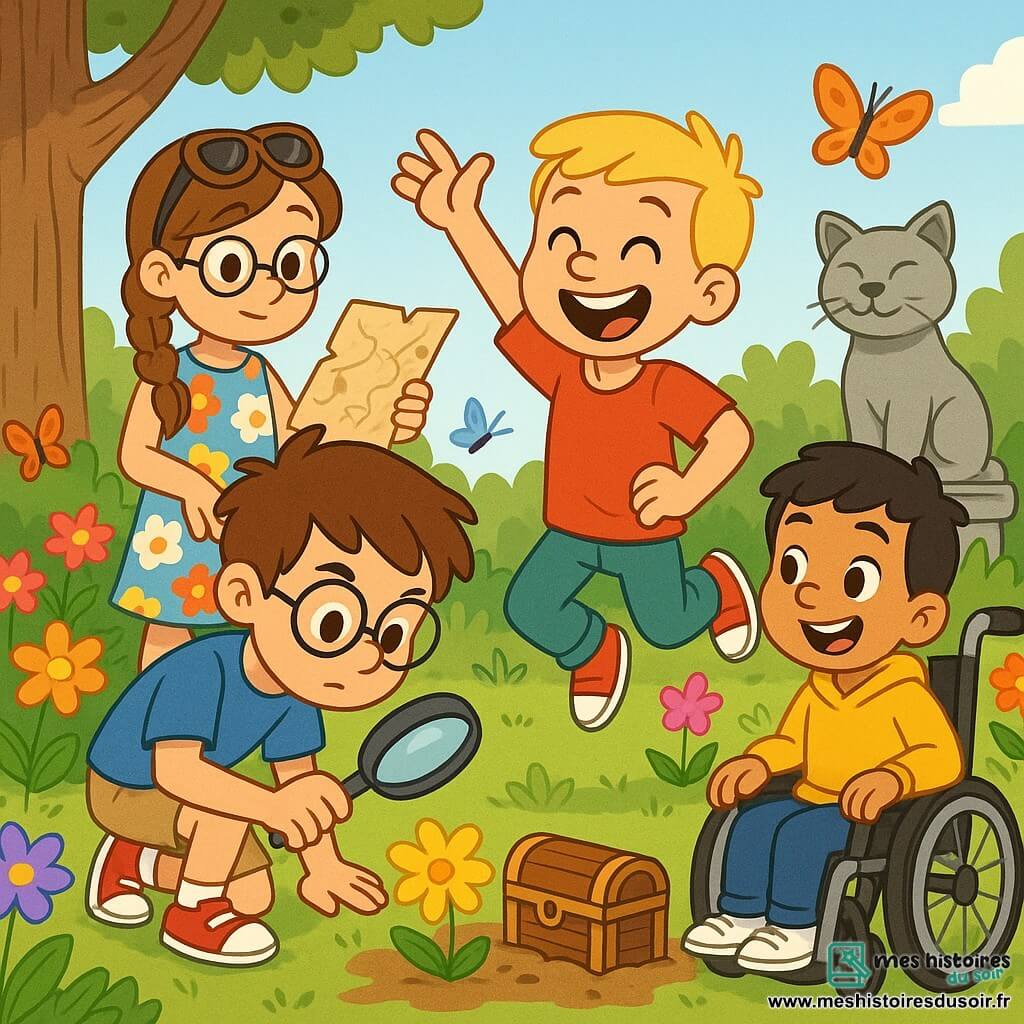 Quatre personnages principaux se trouvent dans un jardin enchanteur : Lucas, un garçon de 9 ans avec des cheveux bruns et des lunettes rondes, portant un t-shirt bleu et un short beige, scrute le sol avec une loupe. Tom, un garçon de 8 ans aux cheveux blonds, vêtu d'un t-shirt rouge et d'un pantalon vert, saute de joie en pointant un indice sous une fleur. Emma, une fille de 9 ans avec des cheveux châtains tressés et une robe à fleurs, tient une carte au trésor et observe ses amis. Max, un garçon de 9 ans en fauteuil roulant avec un sweat-shirt jaune, les regarde avec enthousiasme. Ils enquêtent ensemble, découvrant un indice sous une statue de chat en pierre. Lucas examine le sol, Tom pointe un coffre en bois, Emma réfléchit à la suite et Max sourit, impatient de voir le contenu du coffre.