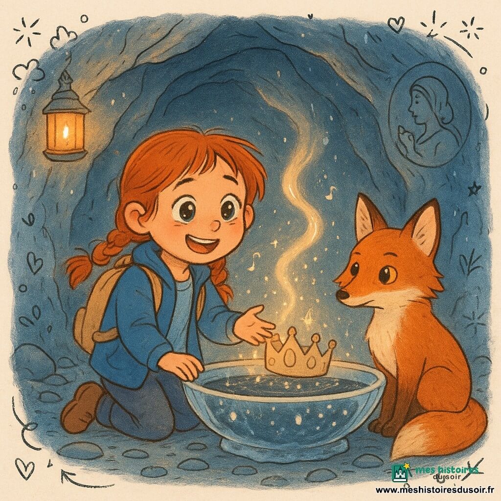 Une fillette de 6 ans, joyeuse et émue, yeux brillants et mouillés, cheveux roux en nattes un peu en bataille, veste bleue et sac à dos beige, s’agenouille au bord d’une vasque de cristal et tend la main vers une couronne de pierre qui s’ouvre ; un renard roux aux yeux d’ambre est assis à droite, queue enroulée et museau proche de l’eau, attentif ; la mère (30–35 ans) n’est pas dans la grotte mais apparaît en petit médaillon gravé sur un mur, vêtue d’une robe simple et tenant une petite étoffe parfumée ; la grotte a des parois bleu-gris ponctuées de quartz scintillant, sol de pierres lisses, une lanterne suspendue diffuse une lumière dorée, des gouttes tombent créant des cercles à la surface ; la vasque en cristal contient une eau sombre qui s’illumine en perles et petites notes musicales visuelles, une fine vapeur parfumée s’élève et un ruban lumineux serpente vers l’ouverture de la grotte ; style graphique aux couleurs douces et contrastées, formes rondes et accueillantes, textures détaillées de pierre et d’eau, avec petits doodles (notes, étoiles, cœurs) en overlay.