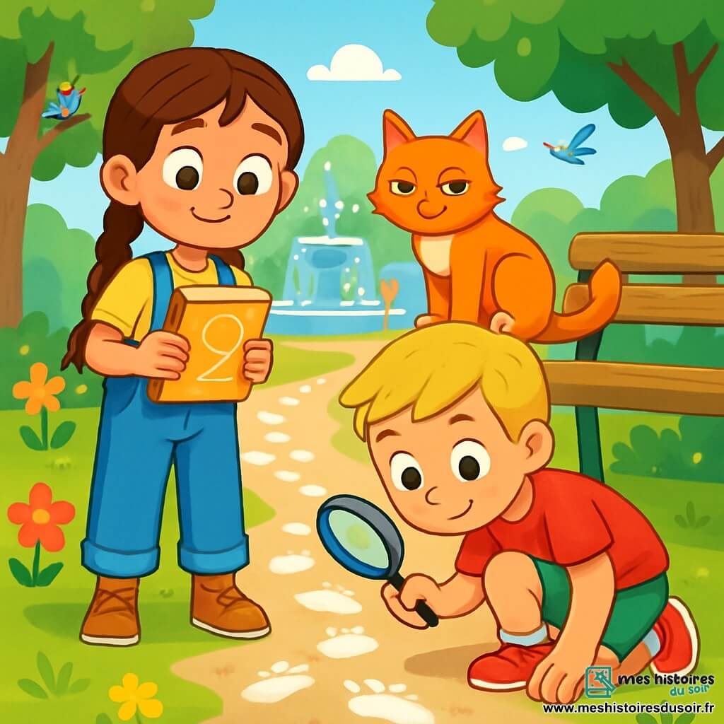 Il y a trois personnages : Lisa, une fille de 8 ans avec de longs cheveux bruns tressés, portant une salopette bleue et un t-shirt jaune, qui tient un carnet d’enquête ; Max, un garçon de 8 ans aux cheveux blonds courts, vêtu d’un t-shirt rouge et d’un short vert, qui examine des traces de farine au sol avec une loupe ; et Biscotte, un chat roux aux yeux verts, assis sur un banc, observant les enfants. L'action se déroule dans un parc ensoleillé avec des arbres et des fleurs, et une fontaine en pierre au fond. Lisa et Max enquêtent sur des traces de farine menant à la fontaine, tandis que Biscotte les regarde avec malice, créant une ambiance de mystère et d’aventure.