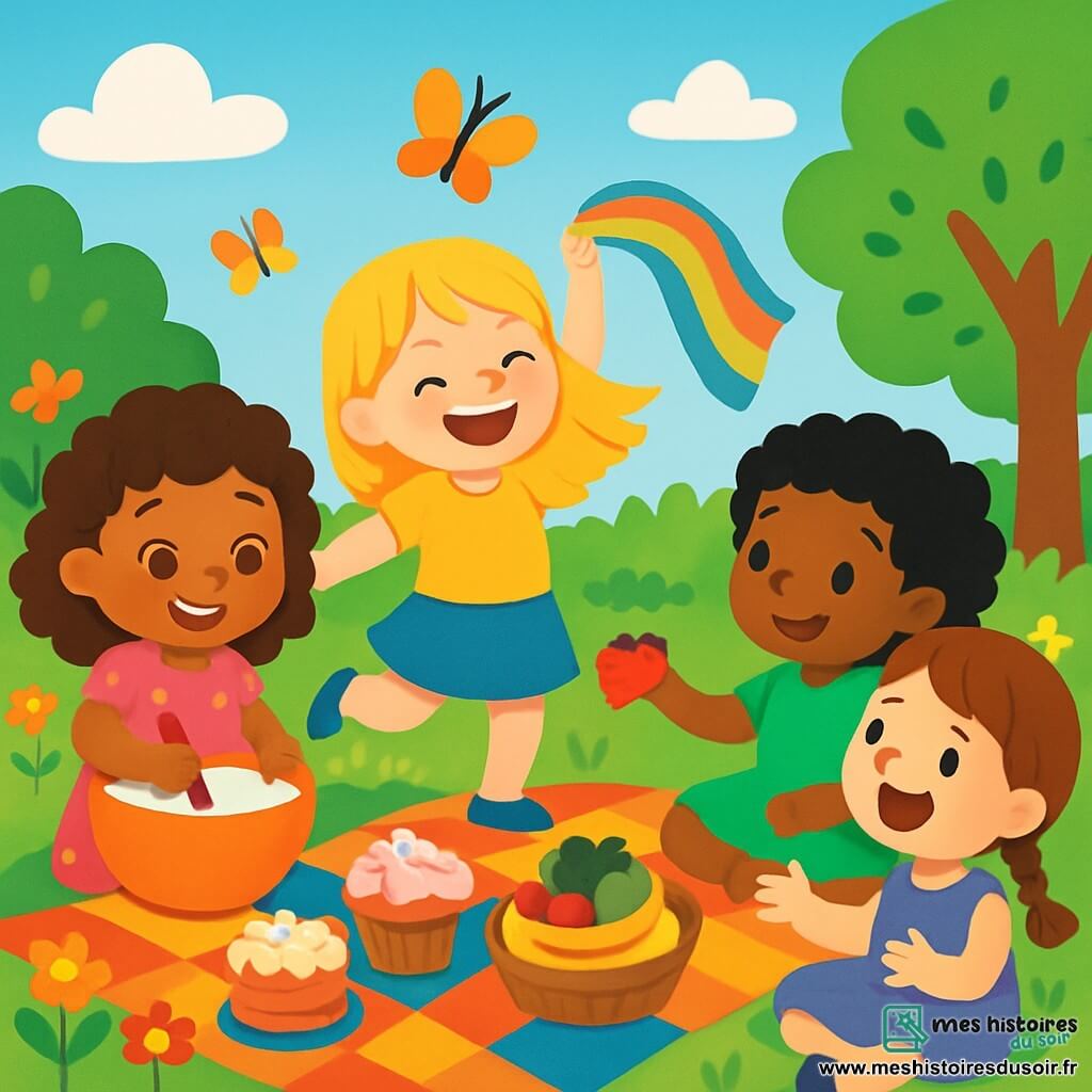 Quatre enfants célèbrent leurs traditions dans un jardin ensoleillé. Lila, 4 ans, mélange des ingrédients dans un bol, Mia danse avec un foulard, Amina partage des fruits sur une couverture et Zoé raconte une histoire. Le jardin est rempli de fleurs, de gâteaux et de fruits, avec des papillons volant autour. L'atmosphère est joyeuse et amicale, illustrant la beauté de la diversité et de l'amitié.