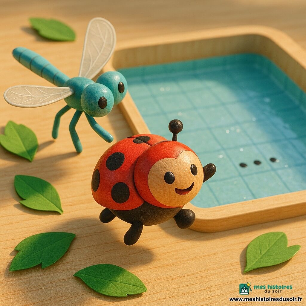 Une petite coccinelle en bois rouge sautant de joie au bord d’une piscine vide, une libellule en bois turquoise posée derrière elle tendant une aile pour aider; au fond, carrelage bleu clair avec traces d’eau brillante et quatre petits points noirs, le tout sur une table en bois clair décorée de quelques feuilles en papier, éclairé d’une lumière douce et chaude aux ombres courtes.