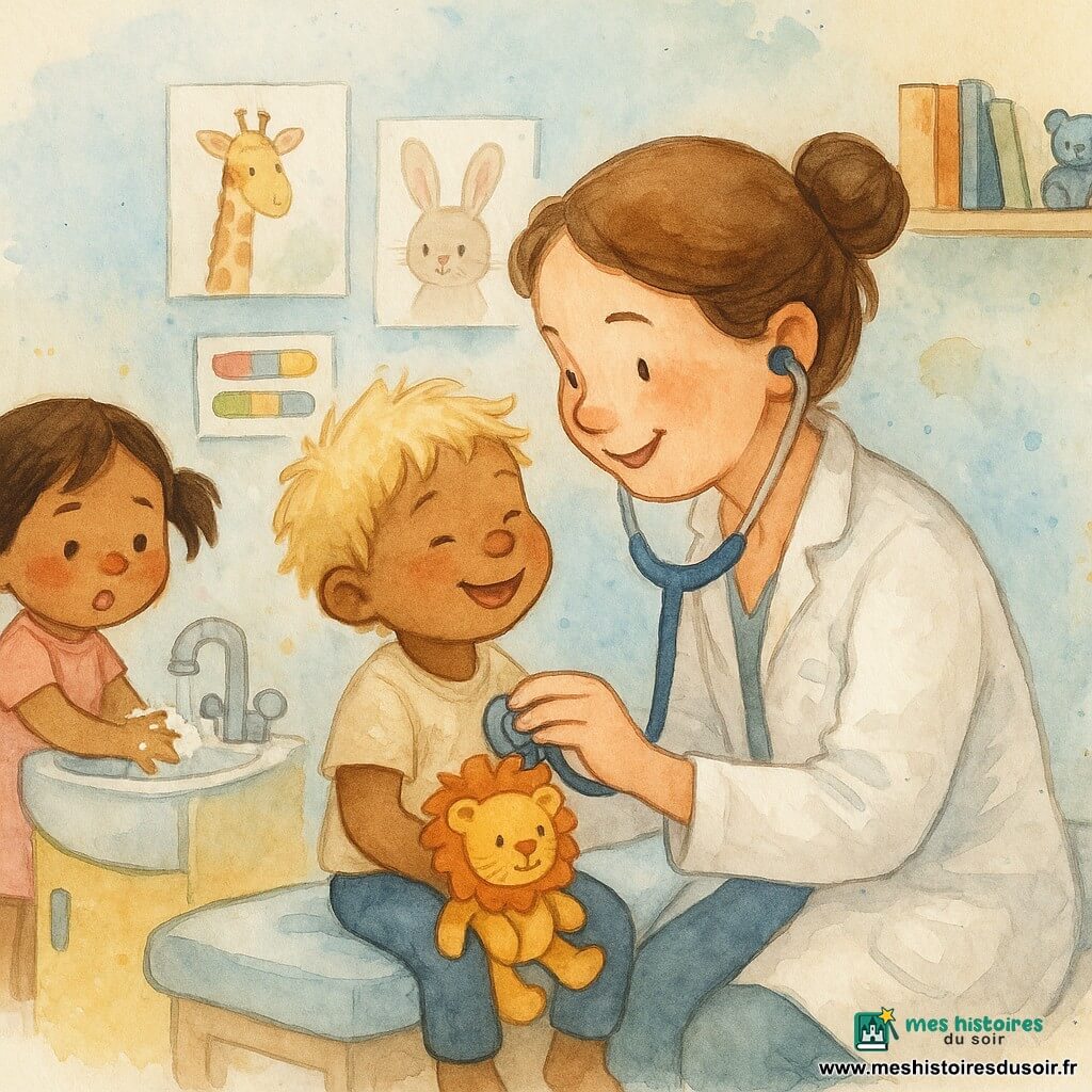 La médecin Zoé, souriante, cheveux châtains en chignon et blouse blanche, ausculte doucement le cœur de Léon, 4 ans, cheveux blonds en bataille, assis sur la table d'examen avec son doudou lion orange en riant; Mila, 3 ans, cheveux bruns en couettes et nez un peu rouge, se lave les mains au petit lavabo coloré; salle lumineuse aux murs pastel avec affiches d'animaux, pansements et étagère de jouets; ambiance calme et rassurante avec touches d'aquarelle pour plus de chaleur.
