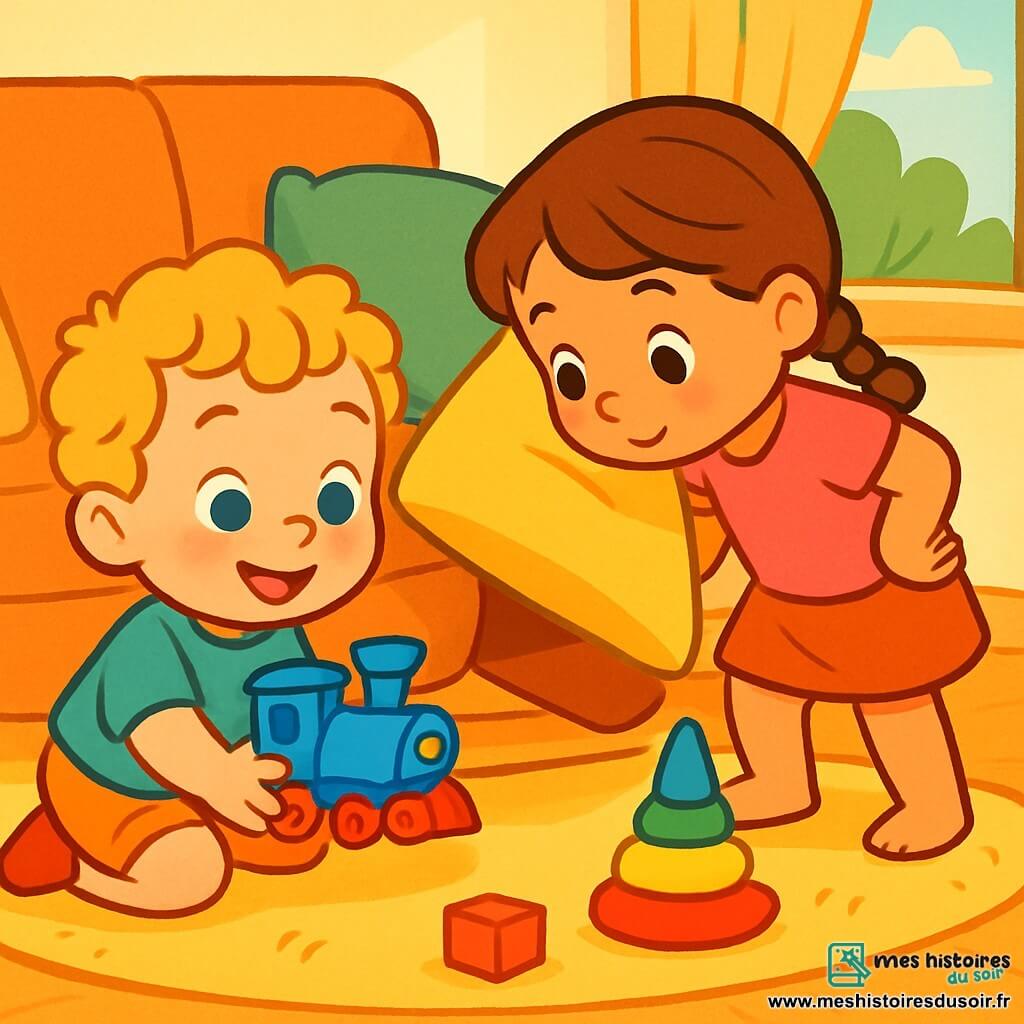 Un petit garçon de 2 ans, aux cheveux bouclés et dorés, sourit en tenant un petit train bleu sur un tapis moelleux. À côté, une petite fille de 3 ans, avec des cheveux bruns tressés et un t-shirt rose, l'aide à chercher le train. Ils sont dans un salon chaleureux, rempli de jouets colorés, avec une lumière douce du matin qui crée une ambiance joyeuse. Ils fouillent sous les coussins avec concentration et excitation.