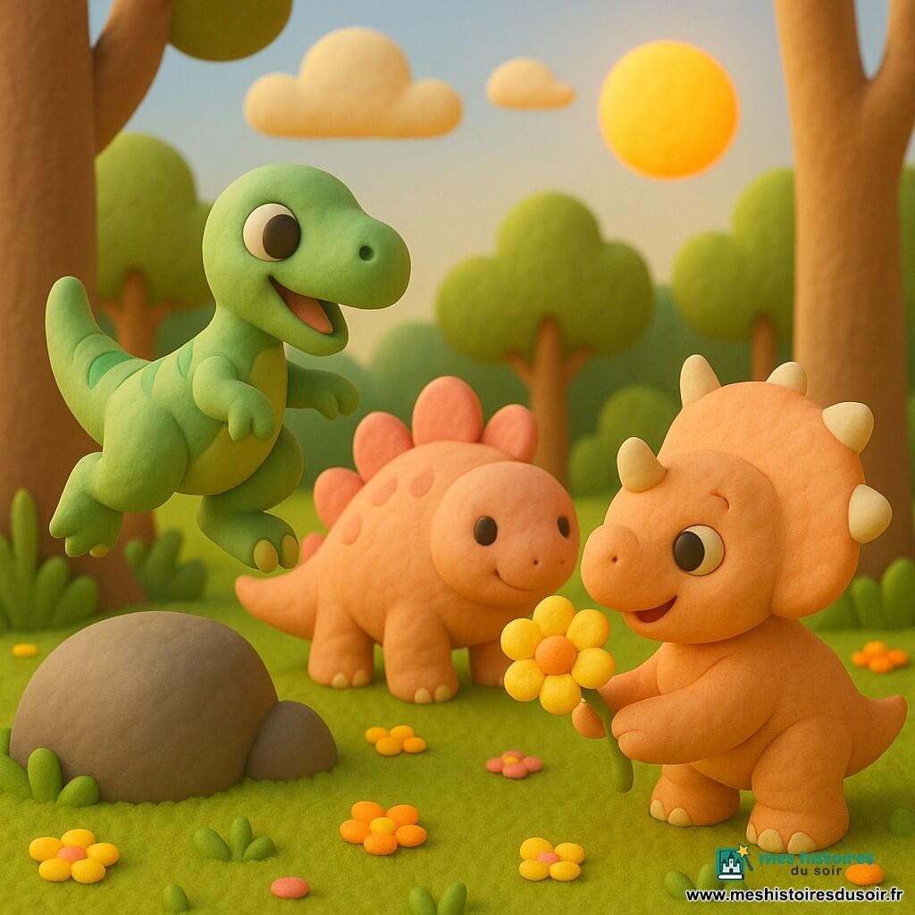 Un petit vélociraptor vert tendre à rayures claires, yeux ronds et souriant, saute d’un rocher; à sa droite, Tino le tricératops rond et doux, peau beige rosée et cornes courtes, tend délicatement une grande fleur jaune; un peu derrière et à gauche, Sacha le stégosaure timide avance doucement avec ses plaques roses et un petit sourire; le tout dans une forêt lumineuse aux grands troncs lisses, tapis d’herbe, fleurs éparses et ciel bleu au soleil bas, ambiance chaleureuse et câline en couleurs pastel et formes arrondies.