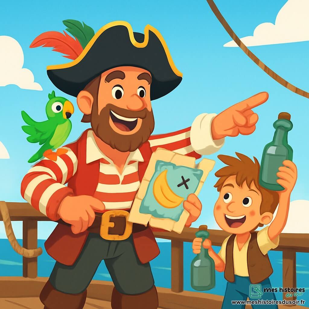 Un homme, le Capitaine Coquille, se tient sur le pont du Fier Matelot, portant un grand chapeau noir avec des plumes colorées, une chemise rayée et un pantalon en cuir. Il a une barbe brune et des yeux pétillants, souriant tout en tenant une carte au trésor et en désignant l'horizon. À ses côtés, le mousse Pomme de Terre, un garçon de 10 ans avec des cheveux en bataille, brandit une bouteille poussiéreuse, vêtu d'un gilet en toile et de pantalons trop grands, curieux. Sur l'épaule du Capitaine, le perroquet Biscotte, aux plumes vertes et jaunes, crie : « Ouvre, ouvre, ouvre ! » Le pont en bois usé est entouré de vagues scintillantes sous un ciel bleu. Le Capitaine découvre la carte au trésor, prêt à partir à l'aventure vers l'île mystérieuse en forme de banane.