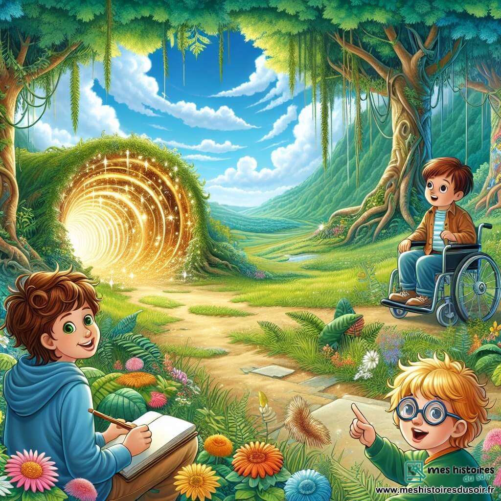 Au centre de l'image, Camille, 10 ans, aux cheveux châtains bouclés et grand sourire, admire un tunnel scintillant émettant une lumière dorée. À sa droite, Lucas, 11 ans, cheveux blonds en bataille et yeux pétillants, pointe le tunnel avec excitation. À gauche, Timothée, 10 ans en fauteuil roulant, lunettes rondes, prend des notes dans son carnet de croquis. Le décor est une clairière verdoyante entourée de grands arbres et de fougères, avec des fleurs colorées et un ciel bleu parsemé de nuages. Les enfants, fascinés, se préparent à entrer dans le tunnel mystérieux pour une aventure incroyable dans le temps, au cœur de la nature préhistorique.