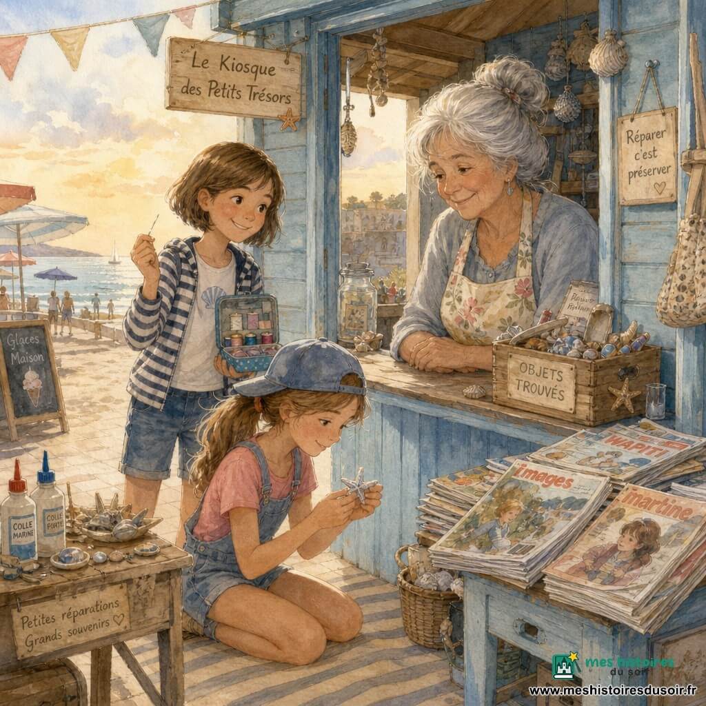 Trois personnages se tiennent devant un petit kiosque de plage en bois bleu pâle : Lina, 11 ans, queue de cheval châtain clair et casquette de travers, agenouillée sur le tapis rayé et tendant délicatement une petite étoile de nacre recollée ; Zoé, 12 ans, cheveux bruns courts et sourire malicieux, debout derrière Lina et montrant une aiguille depuis un mini-kit de couture ouvert ; Mme Pierre, environ 60 ans, cheveux gris en chignon et tablier à fleurs, assise derrière le comptoir qui reçoit avec émotion le bracelet réparé. L’ambiance est intime et joyeuse, lumière chaude de fin d’après-midi, sable et coquillages autour, une boîte “objets trouvés” et une petite table d’artisane avec colles et coquillages complètent la scène, la promenade, des parasols et la mer scintillante apparaissent à l’arrière-plan.