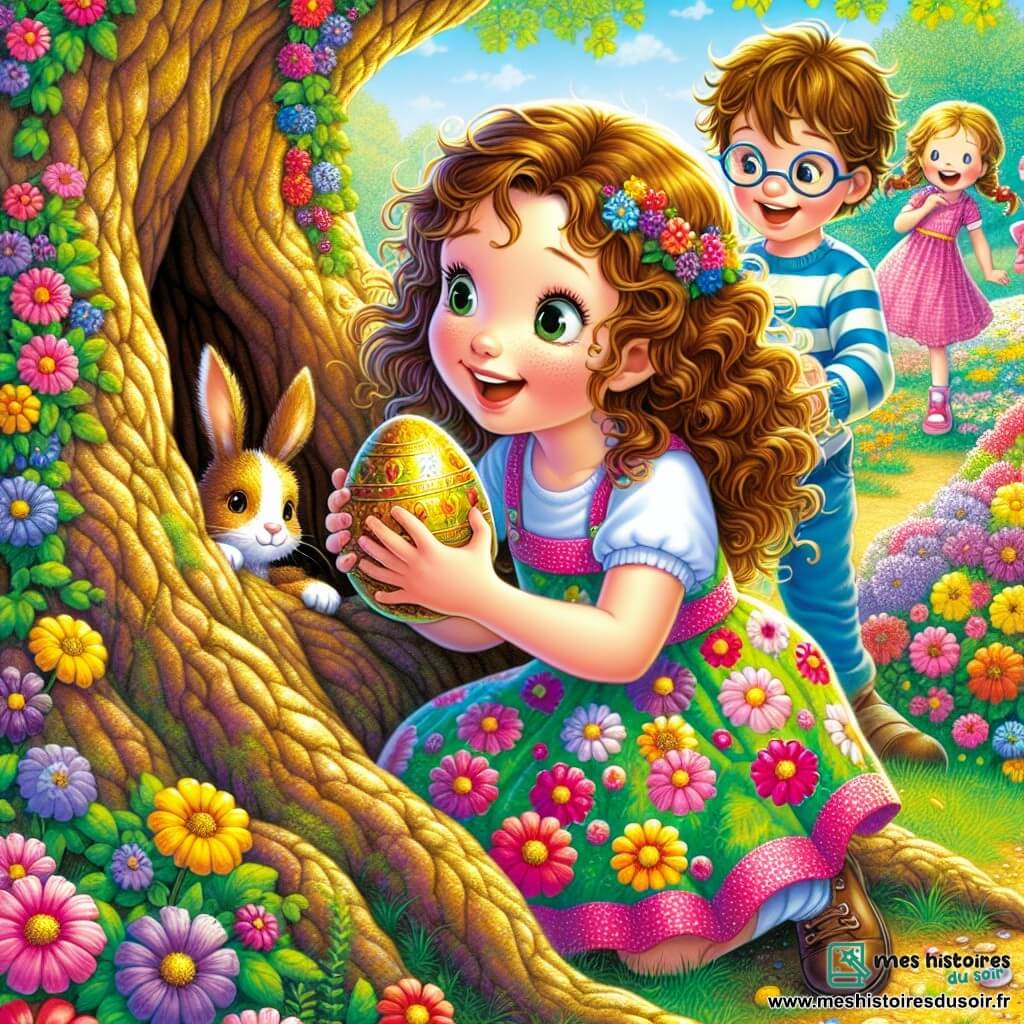 Emma, 12 ans, avec des cheveux bruns et bouclés, sourit joyeusement en découvrant un œuf de Pâques doré près d'un vieux chêne. Son petit frère Tom, 6 ans, aux cheveux blonds en bataille, tient un lapin en peluche et regarde l'œuf avec émerveillement. Leurs amis Lucas, 12 ans, avec des lunettes, et Chloé, 11 ans, avec des tresses, les encouragent près d'un jardin fleuri. La scène se déroule dans un jardin ensoleillé, créant une ambiance joyeuse et festive. Emma, enthousiaste, partage ce moment spécial avec son frère et ses amis.