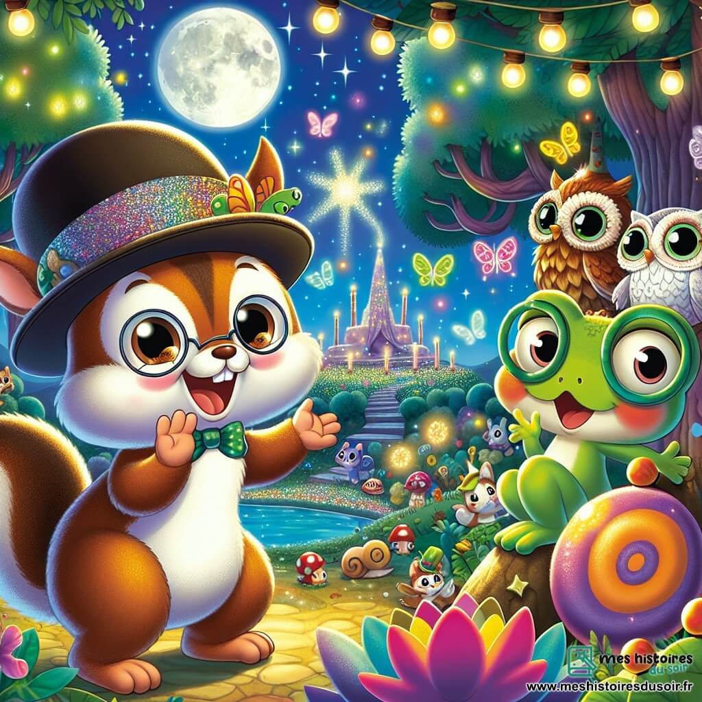 Un écureuil au chapeau melon trop grand danse joyeusement, avec un sourire éclatant. À ses côtés, une grenouille verte avec des lunettes applaudit, ses yeux brillants d'excitation. Un peu plus loin, une chouette aux plumes blanches et portant des lunettes observe avec un air sage. La scène se déroule sur la Colline des Étoiles, illuminée par une lune brillante et entourée de lucioles, avec des créatures colorées autour d'une scène en feuillage. Au centre, un escargot en costume scintillant danse, tandis que des gâteaux multicolores flottent dans les airs. Les personnages célèbrent la Grande Réunion des Rêveurs, remplis de joie dans une ambiance festive et enchantée.