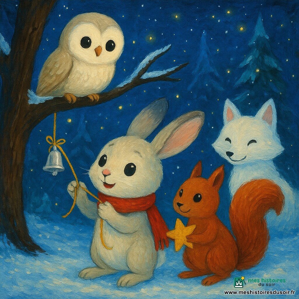 Lune, un jeune lapin aux longues oreilles grises et une écharpe rouge, noue un fil doré autour d'une clochette en argent sur une branche. Mira, une chouette crème, observe depuis une branche au-dessus. Chiffon, un écureuil roux, tient une feuille étoilée à côté de Lune. Plume, une renarde blanche, sourit en arrière-plan. La scène se passe dans une clairière enneigée avec des sapins givrés et des lucioles hivernales. Lune et ses amis créent un moment magique et chaleureux dans la forêt.