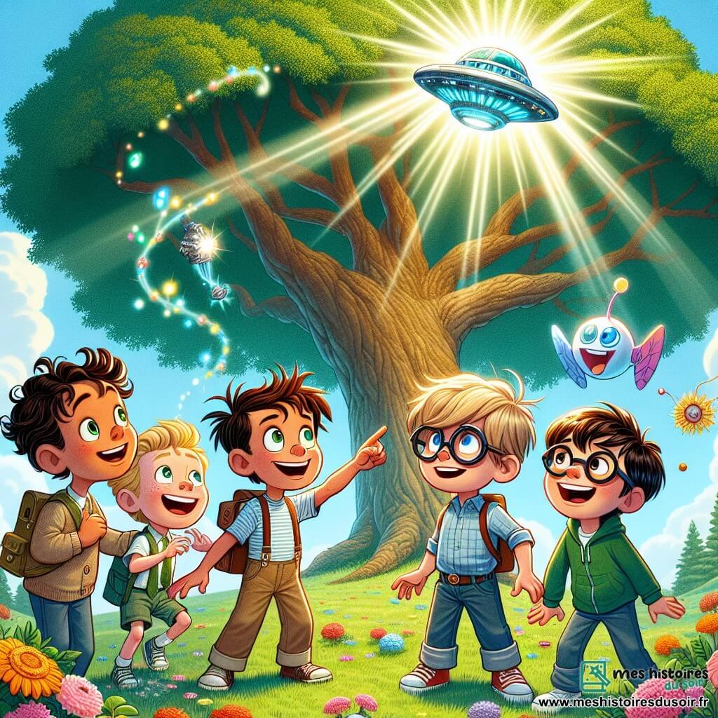 Quatre garçons se tiennent autour d'un grand chêne aux feuilles vertes. Hugo, 10 ans, pointe le ciel avec émerveillement. À sa droite, Max, 9 ans, avec des lunettes rondes, observe un vaisseau spatial brillant. À gauche, Tom, 11 ans, rit en essayant d'attraper une bulle créée par Zizzle, un extraterrestre rose en forme de nuage. Blip, l'extraterrestre bleu, flotte au-dessus d'eux, dansant joyeusement. Le décor est un parc ensoleillé avec des fleurs colorées et un ciel bleu. Les enfants et les extraterrestres interagissent joyeusement, symbolisant l'amitié entre deux mondes, avec le vaisseau spatial en arrière-plan, prêt pour de nouvelles aventures.