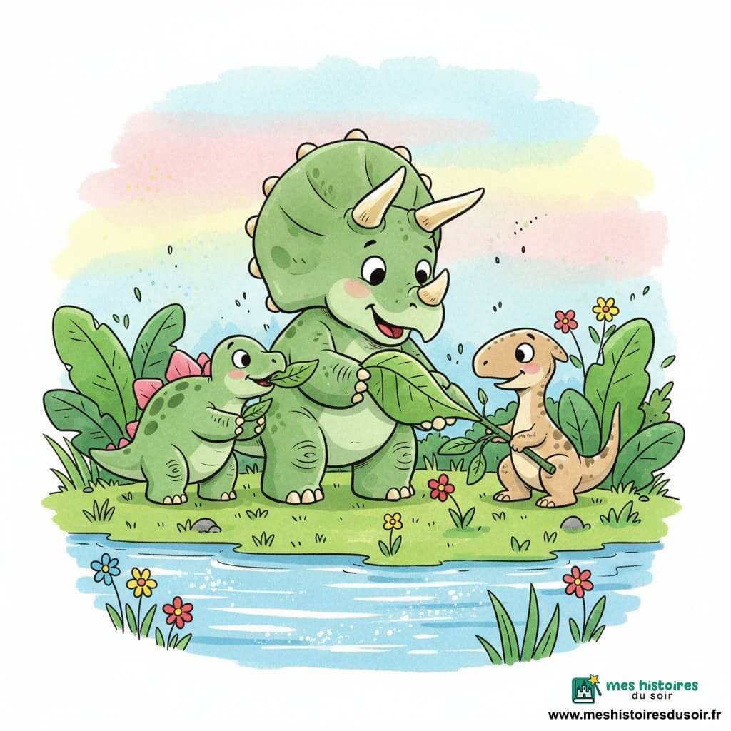 Trois dinosaures amicaux au bord d’une rivière scintillante — un tricératops vert tendre aux cornes crème tenant une grande feuille, un stégosaure rose croquant une feuille à sa gauche, et un petit vélociraptor beige timide aidé par les autres à droite — réunis autour d’une feuille, gestes d’entraide et d’amitié, formes rondes, traits épais et couleurs douces.
