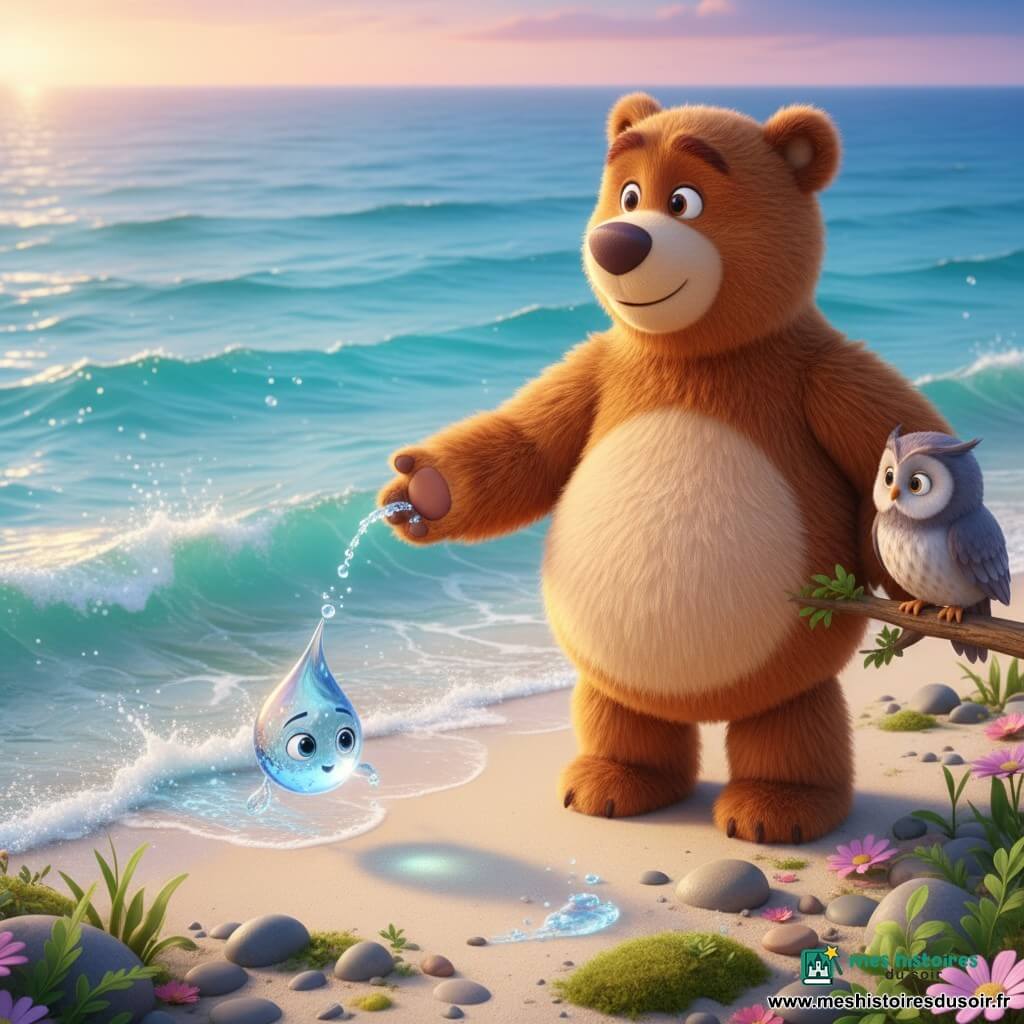 Un gros ours en pelage brun doux au ventre rond, yeux brillants et sourire calme, regarde la mer émerveillé, une patte tendue vers les vagues ; au premier plan une petite goutte anthropomorphe scintillante aux reflets bleus et argentés roule vers l’eau avec de grands yeux curieux ; un hibou sage au plumage gris-bleu est perché sur une branche à droite et observe la scène ; vaste mer turquoise aux reflets dorés, rivage de sable crème parsemé de galets et d’algues, lumière chaude de coucher de soleil rose-orangé et bleu tendre, atmosphère sereine et magique de découverte.