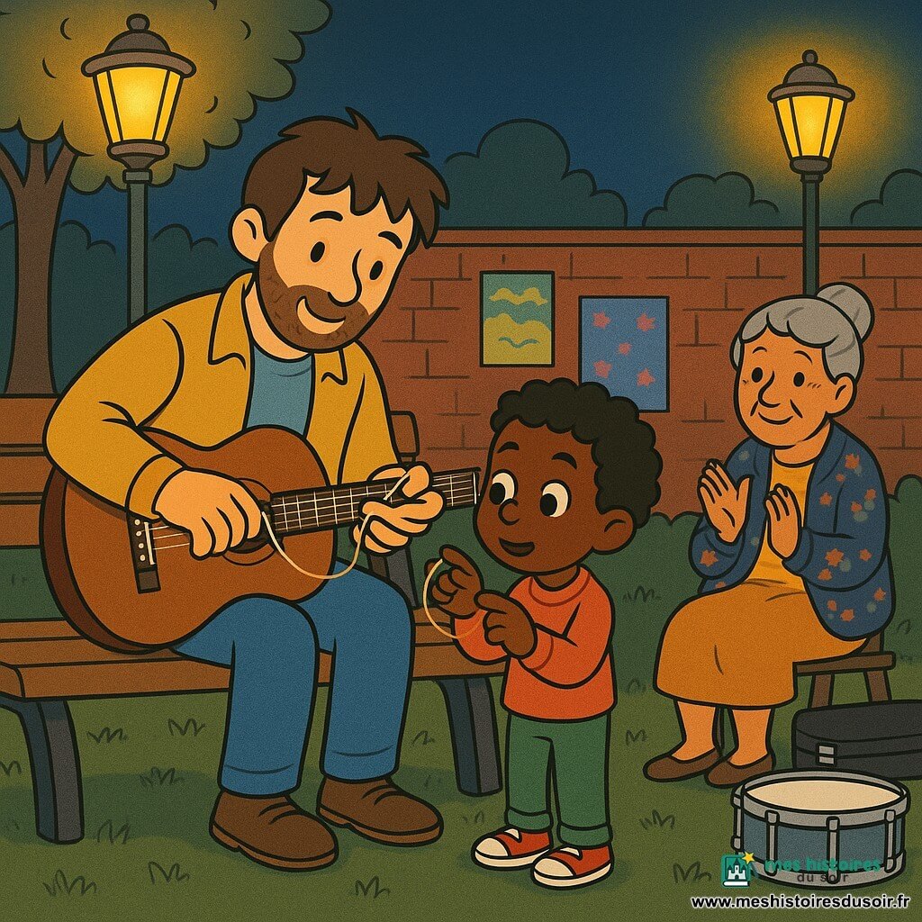 Hugo, visage doux et barbe légère, assis sur un banc en bois sous des lampadaires jaunes, remplace une corde d’une guitare en acajou avec des gestes précis et bienveillants ; un garçon d’environ six ans, cheveux bouclés et yeux curieux, l’imite en regardant la corde neuve, tandis qu’une grand-mère aux cheveux gris en chignon, veste à fleurs, applaudit doucement avec une petite cuillère ; lieu : petit square de quartier la nuit, mur de brique affiché, tapis d’herbe, caisse claire et instruments posés derrière le banc, ambiance intime, chaleureuse, couleurs chaudes et style bande dessinée clair et expressif.