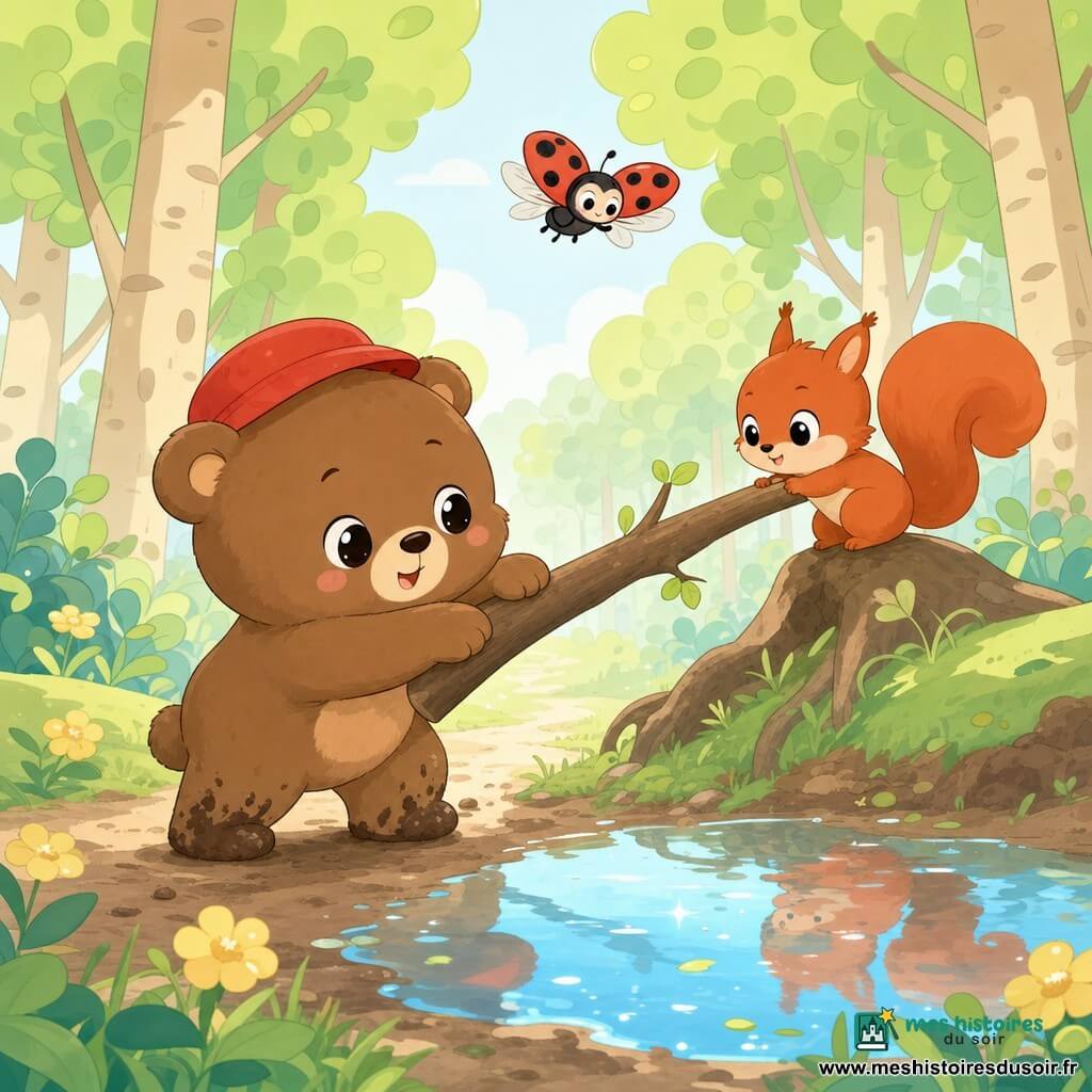 Petit ourson en peluche brun au visage joyeux et chapeau rouge pousse une grosse branche avec effort et sourit; à côté, un petit écureuil roux à la queue touffue pousse la même branche depuis une racine; une coccinelle rouge à pois noirs vole au-dessus; forêt lumineuse aux troncs beiges, feuilles vert clair, fleurs jaunes et une flaque brillante près du sentier; scène calme et amicale, formes arrondies et palette douce.