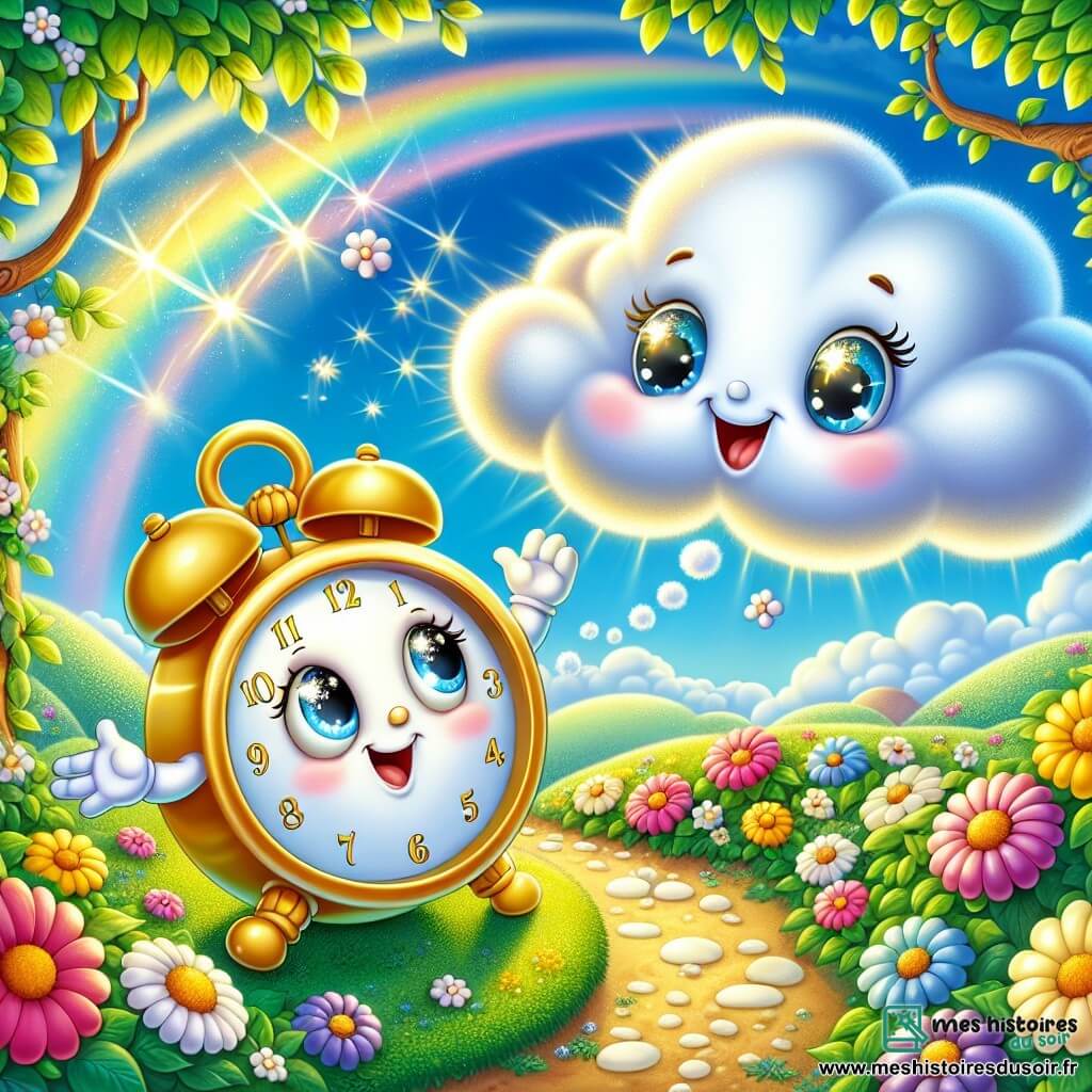 Une Petite Montre souriante, avec un visage rond et des aiguilles dorées, se tient sur un chemin fleuri, entourée de fleurs colorées. Elle a des yeux pétillants de curiosité et semble rêver. À côté, un Nuage léger et moelleux flotte dans le ciel, avec une expression amicale, descendant vers la Petite Montre comme s'il lui chuchotait un secret. Le paysage est enchanteur, avec des collines verdoyantes, un ciel bleu et des arbres aux feuilles brillantes. La Petite Montre et le Nuage discutent joyeusement, la montre rêvant de voler tandis que le Nuage lui montre le monde magnifique.